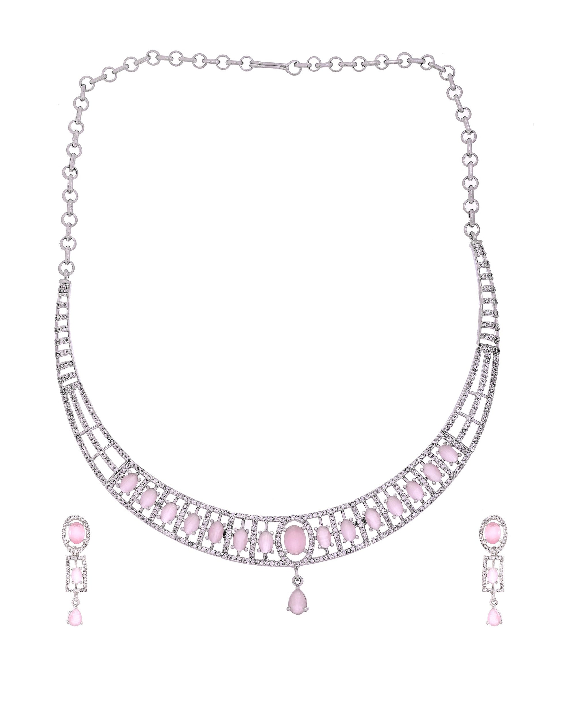 VOJ Silver Toned Baby Pink Cz Stone Studded Designer Necklace Set  Grab2Buy VOJ Grab2Buy