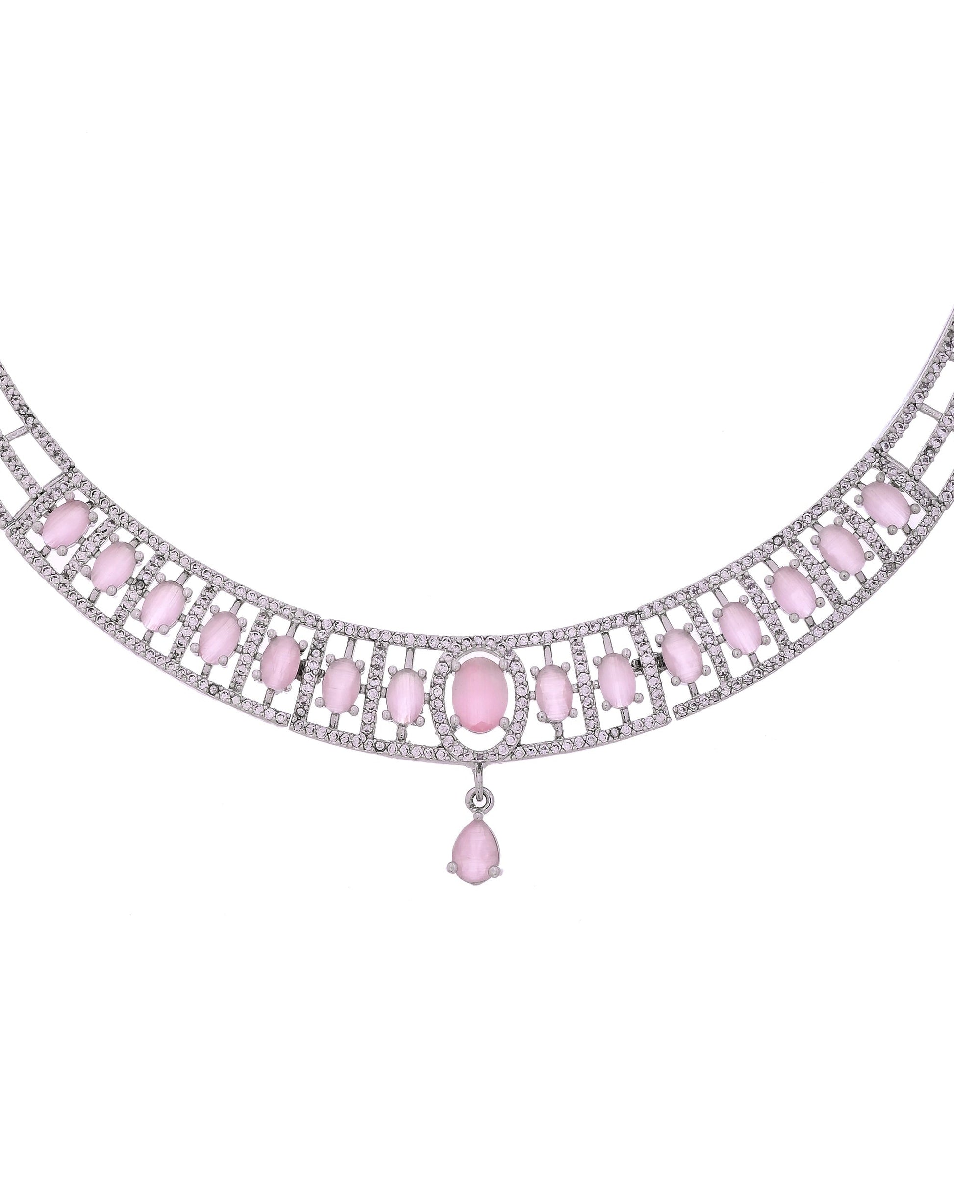 VOJ Silver Toned Baby Pink Cz Stone Studded Designer Necklace Set  Grab2Buy VOJ Grab2Buy