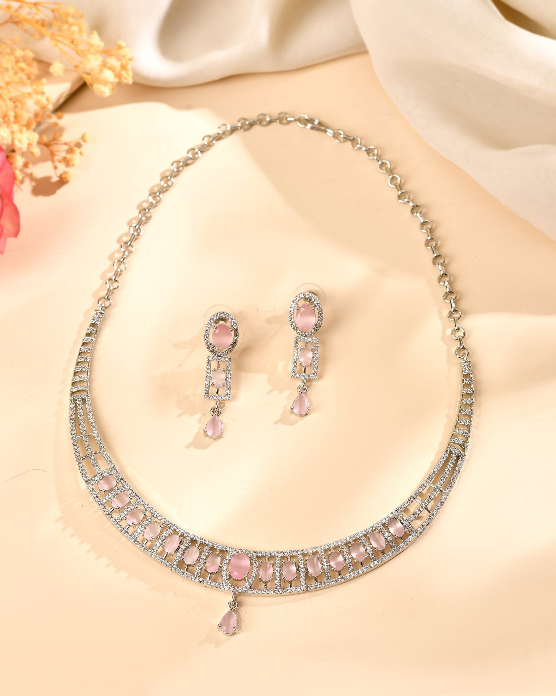 VOJ Silver Toned Baby Pink Cz Stone Studded Designer Necklace Set  Grab2Buy VOJ Grab2Buy