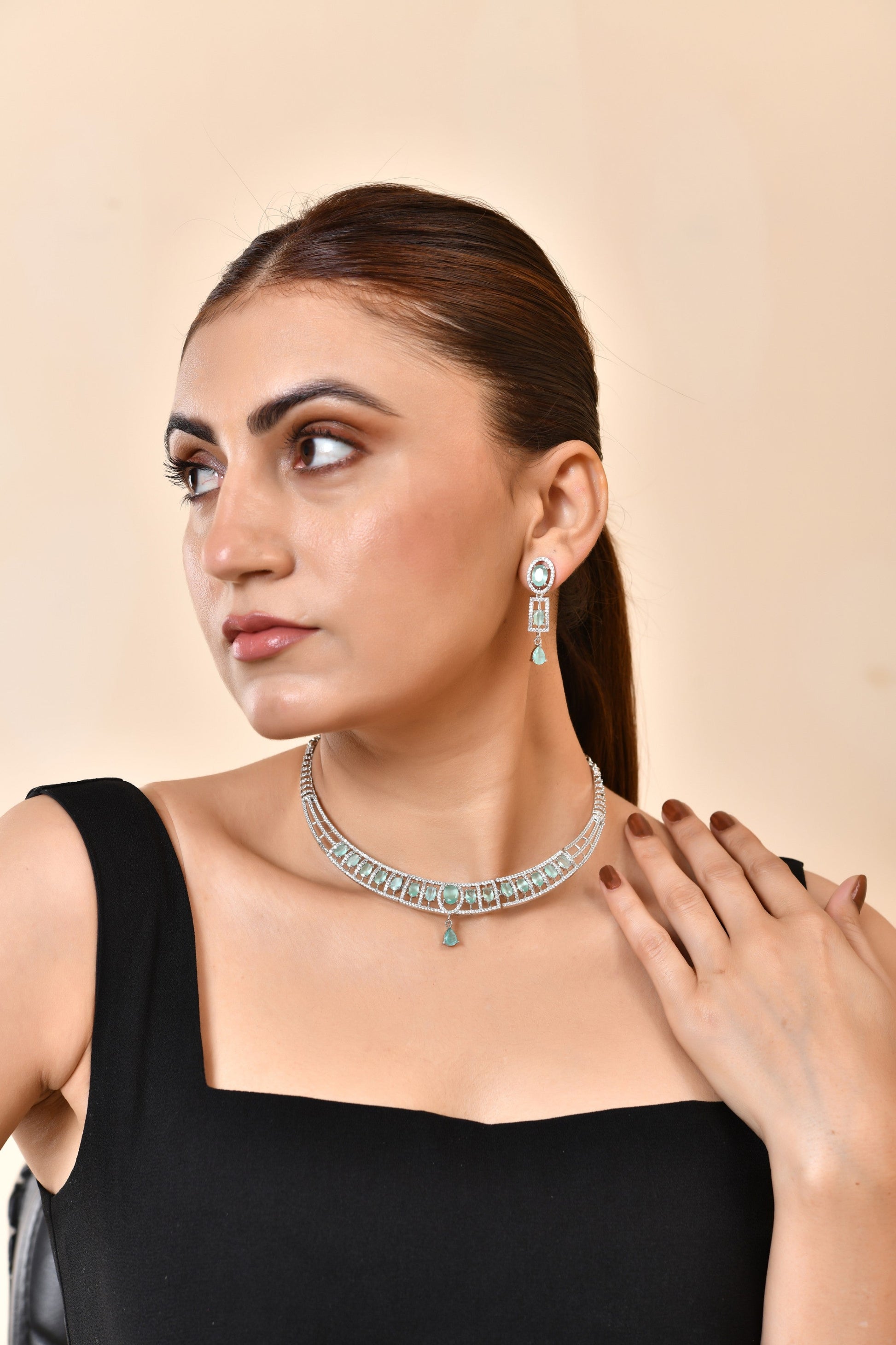 VOJ Silver Toned Cz Stone Studded Designer Necklace Set  Grab2Buy VOJ Grab2Buy
