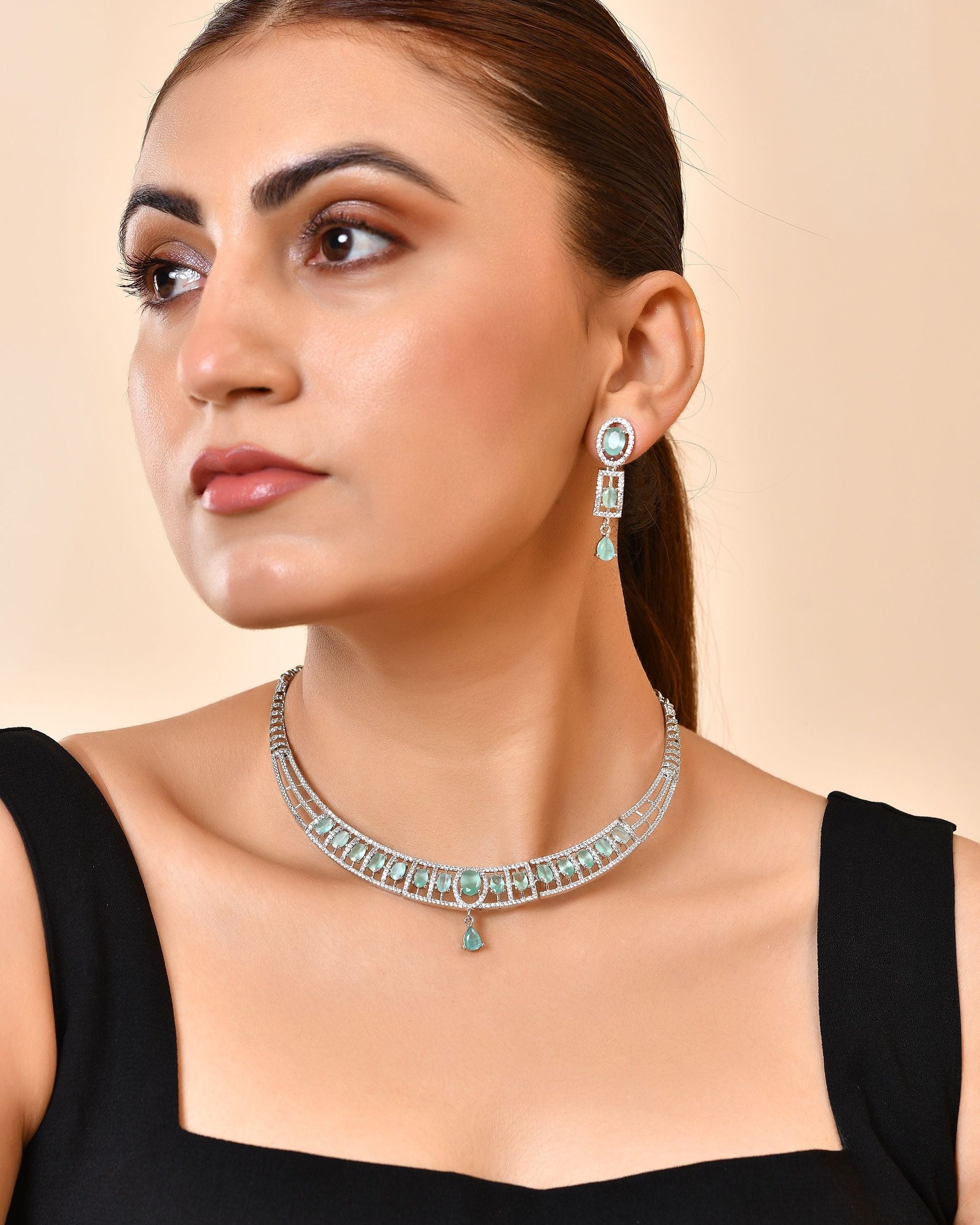 VOJ Silver Toned Cz Stone Studded Designer Necklace Set  Grab2Buy VOJ Grab2Buy