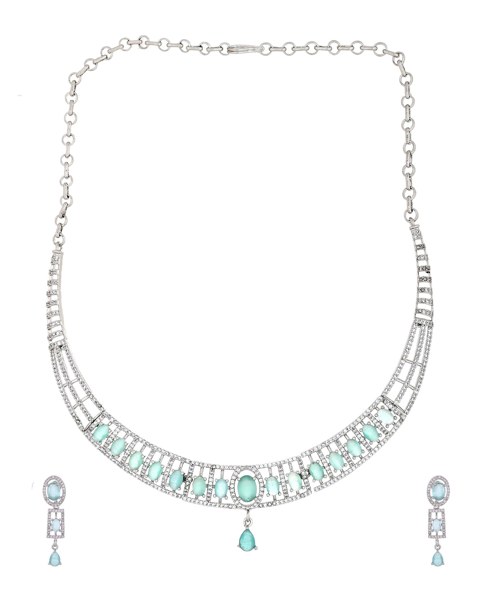 VOJ Silver Toned Cz Stone Studded Designer Necklace Set  Grab2Buy VOJ Grab2Buy