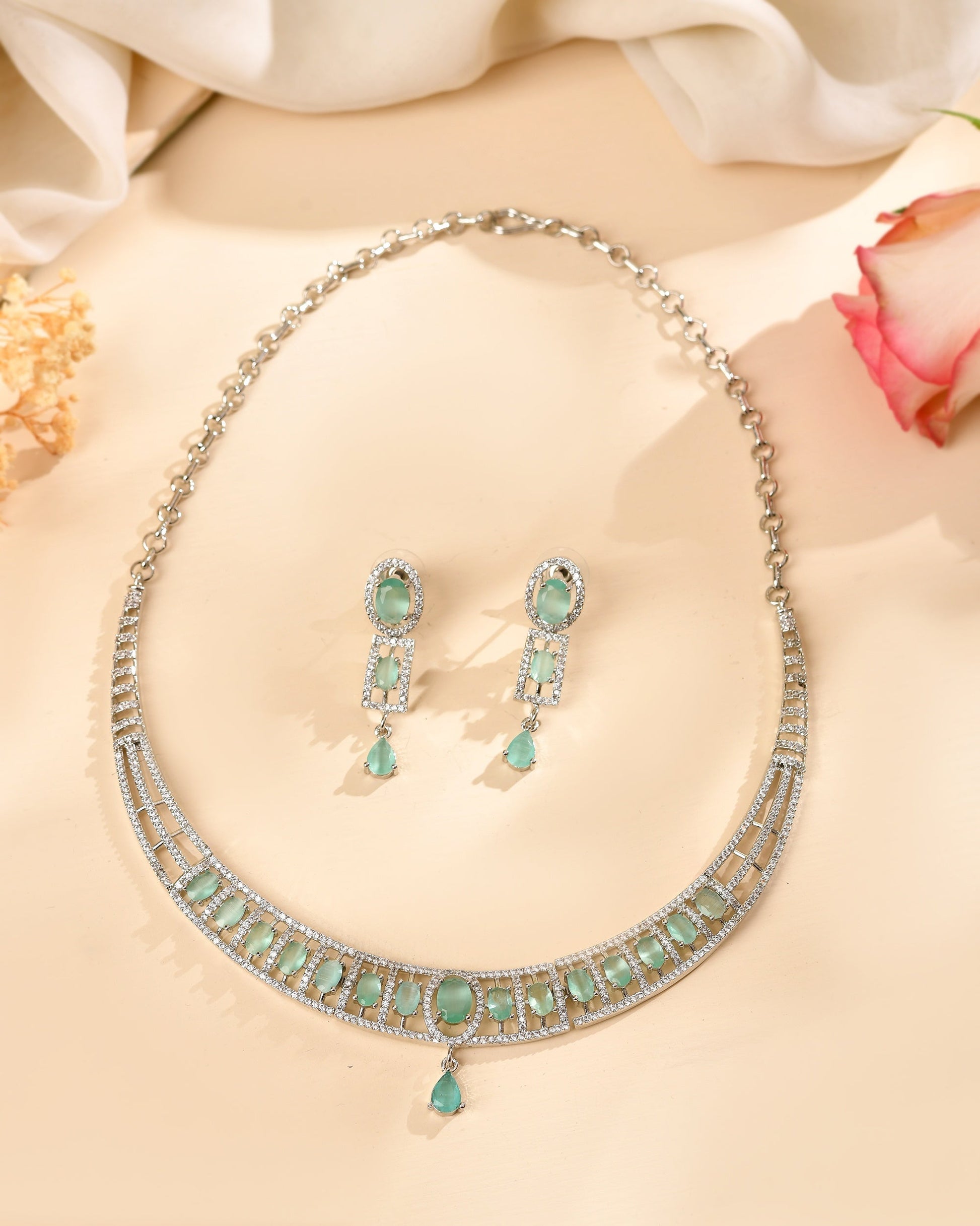 VOJ Silver Toned Cz Stone Studded Designer Necklace Set  Grab2Buy VOJ Grab2Buy