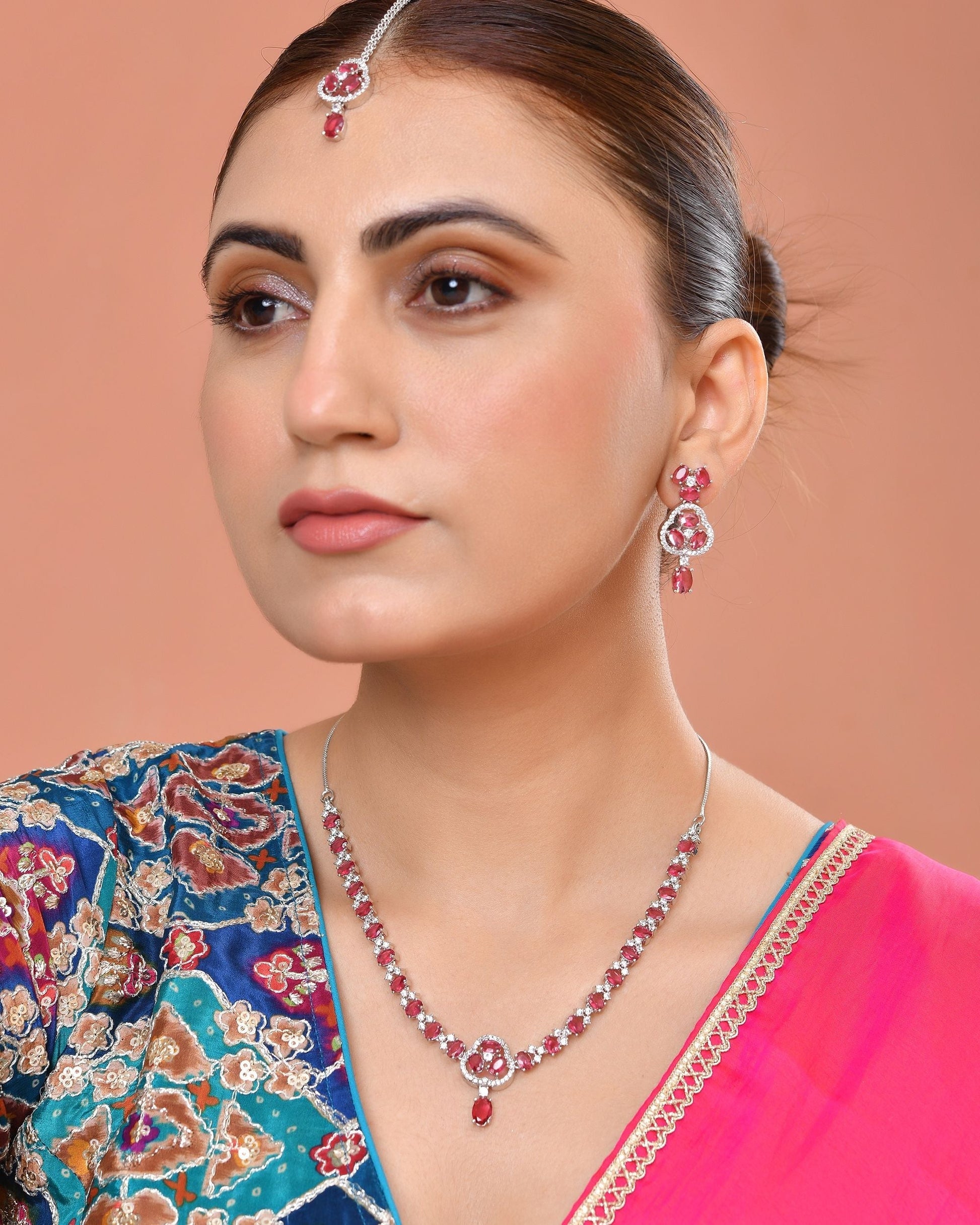VOJ Silver Plated Ruby Red Stone Studded Ad Jewellery Set With Maang Tikka  Grab2Buy VOJ Grab2Buy