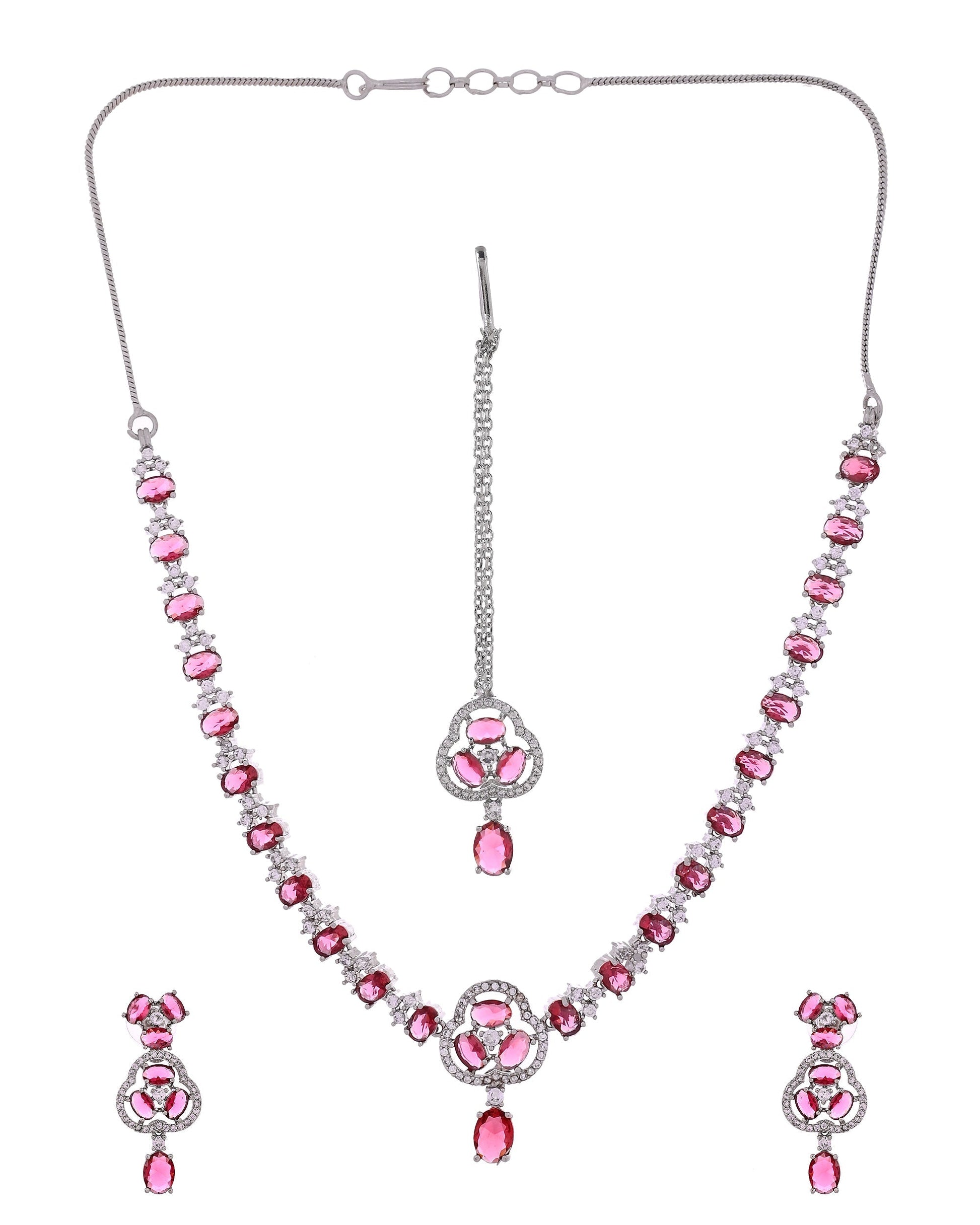 VOJ Silver Plated Ruby Red Stone Studded Ad Jewellery Set With Maang Tikka  Grab2Buy VOJ Grab2Buy