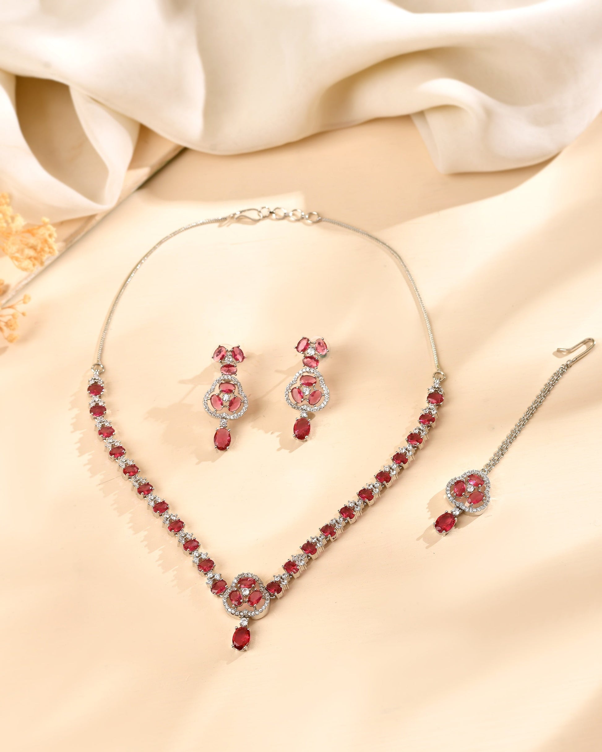 VOJ Silver Plated Ruby Red Stone Studded Ad Jewellery Set With Maang Tikka  Grab2Buy VOJ Grab2Buy