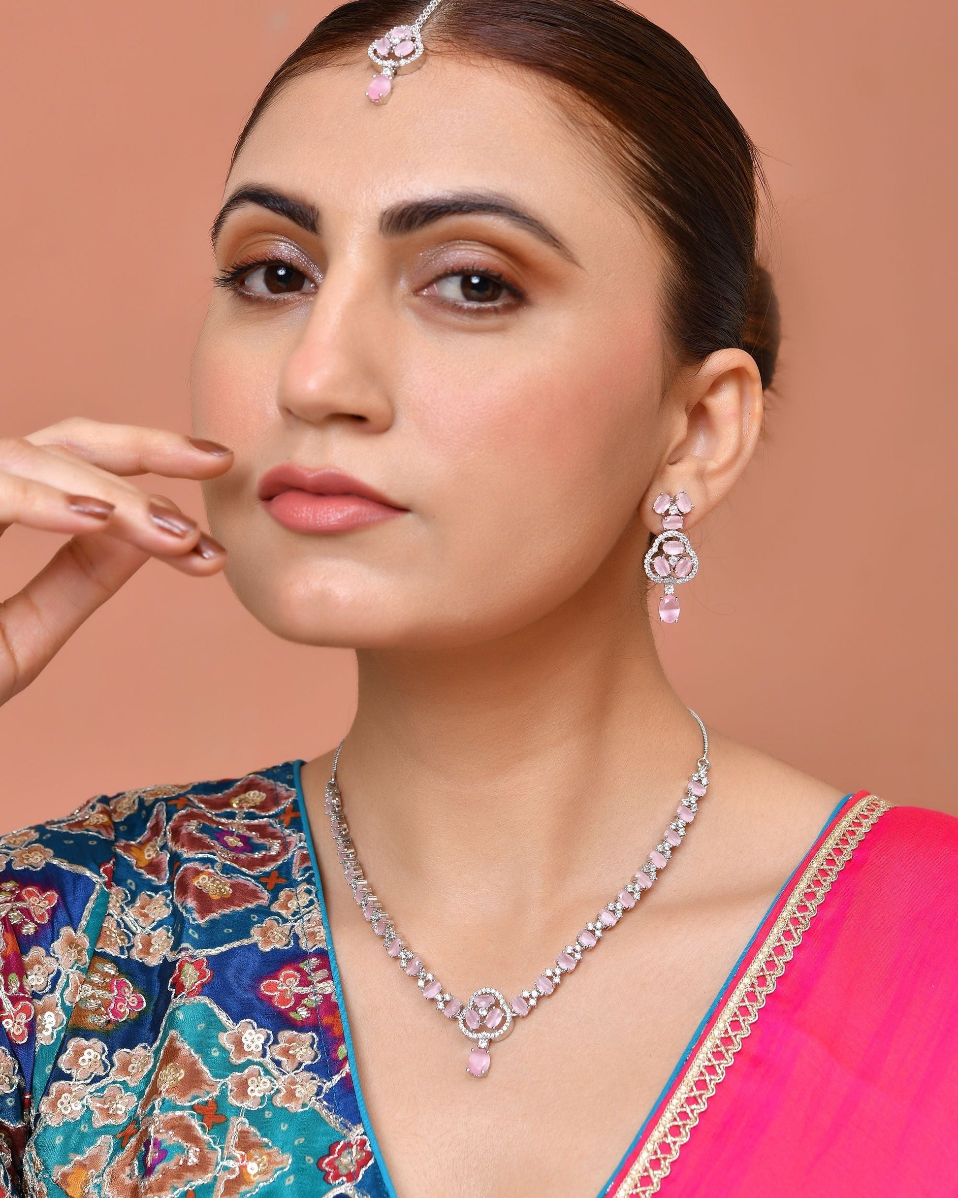 VOJ Silver Plated Baby Pink Stone Studded Ad Jewellery Set With Maang Tikka  Grab2Buy VOJ Grab2Buy