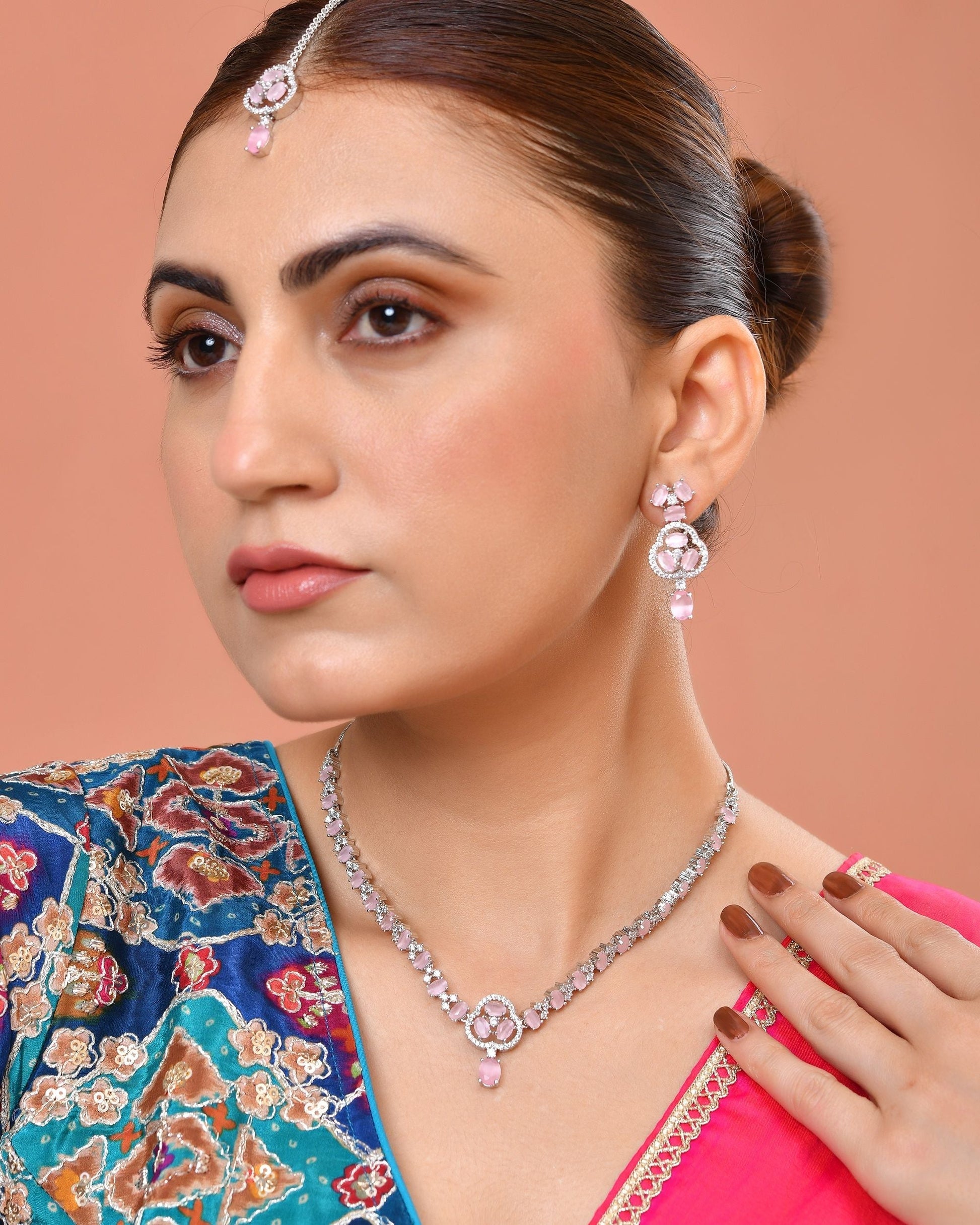 VOJ Silver Plated Baby Pink Stone Studded Ad Jewellery Set With Maang Tikka  Grab2Buy VOJ Grab2Buy