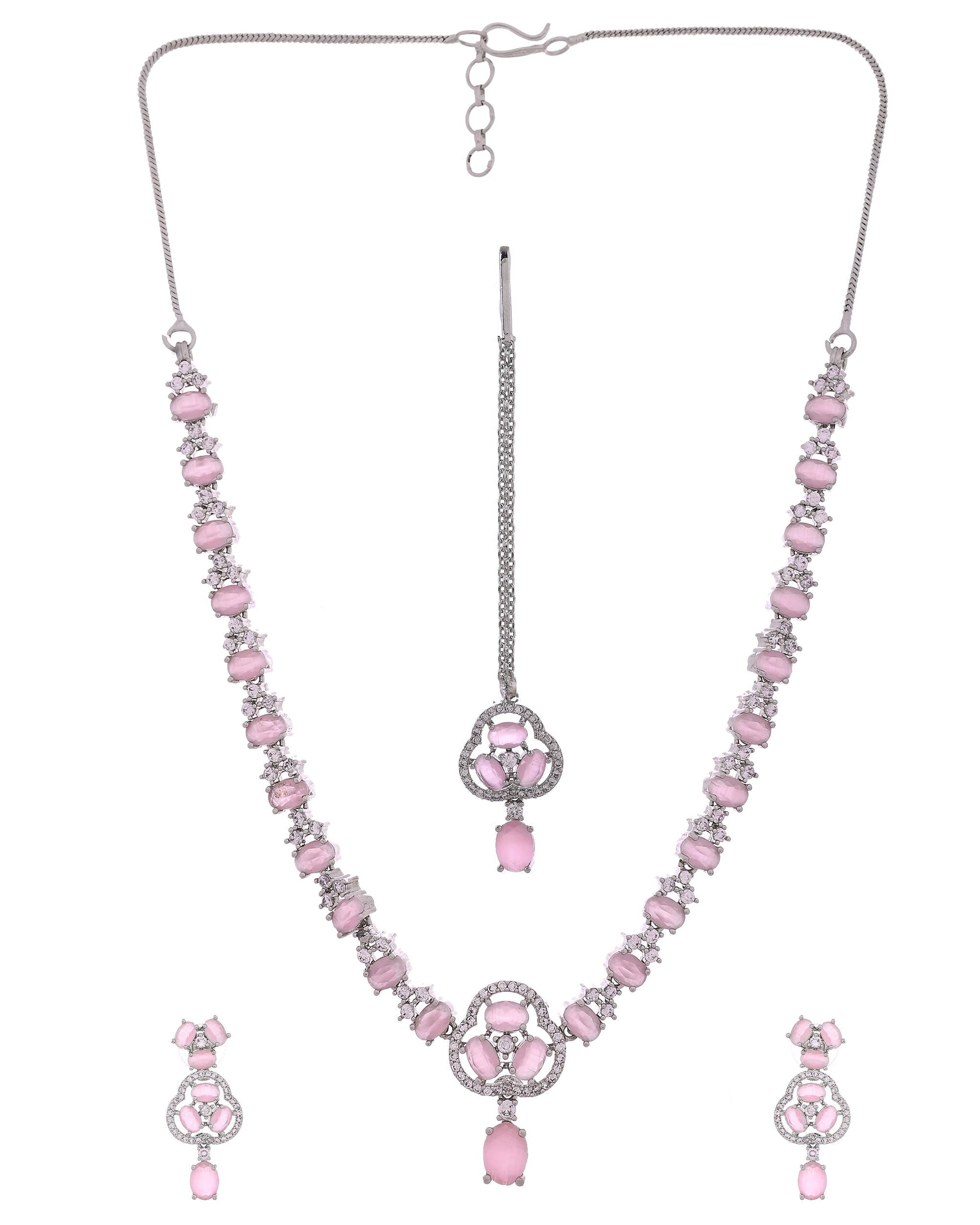 VOJ Silver Plated Baby Pink Stone Studded Ad Jewellery Set With Maang Tikka  Grab2Buy VOJ Grab2Buy