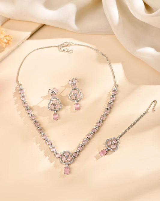 VOJ Silver Plated Baby Pink Stone Studded Ad Jewellery Set With Maang Tikka  Grab2Buy VOJ Grab2Buy