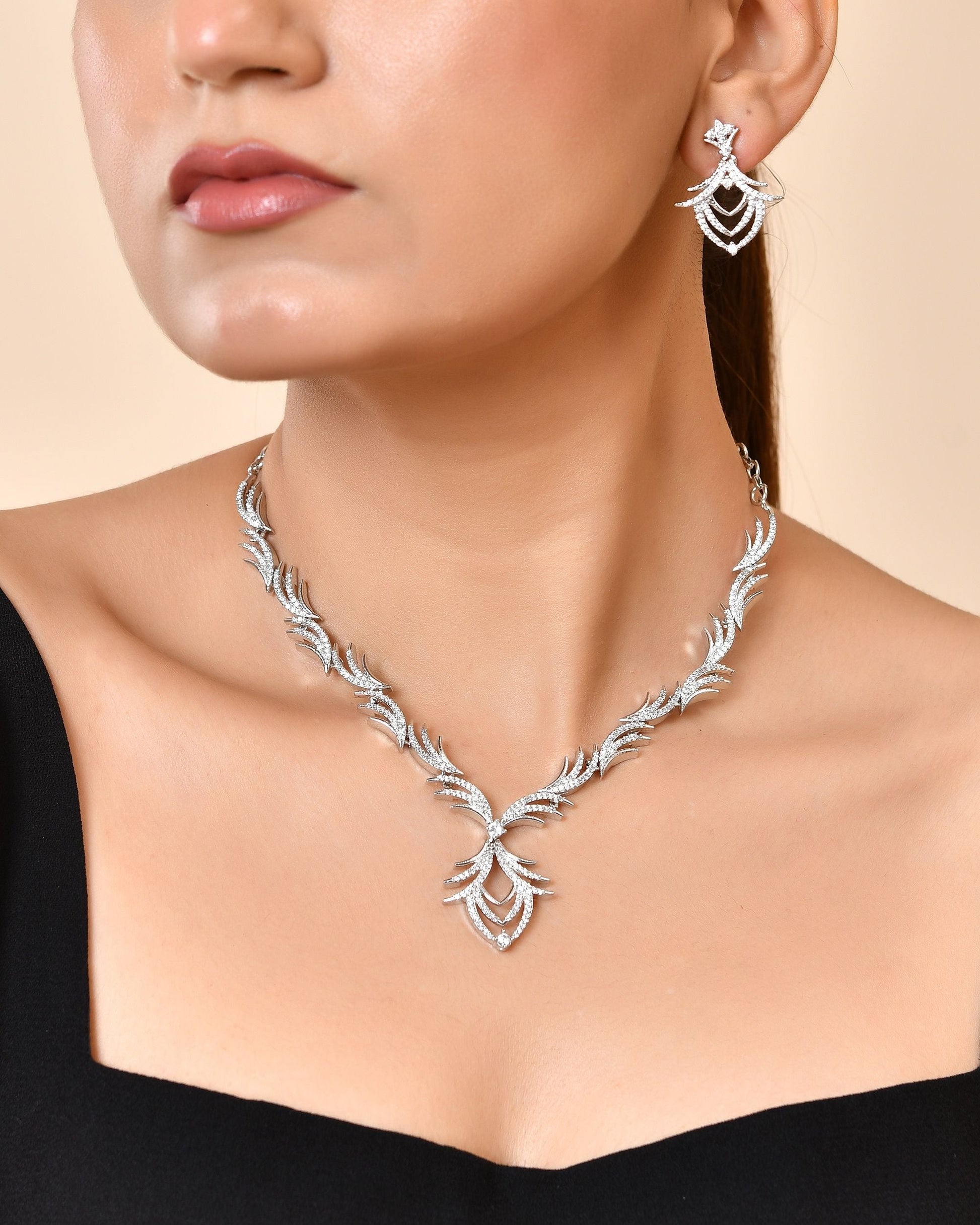 VOJ Silver Plated Cz Stone Studded Designer Elegant Necklace Set  Grab2Buy VOJ Grab2Buy