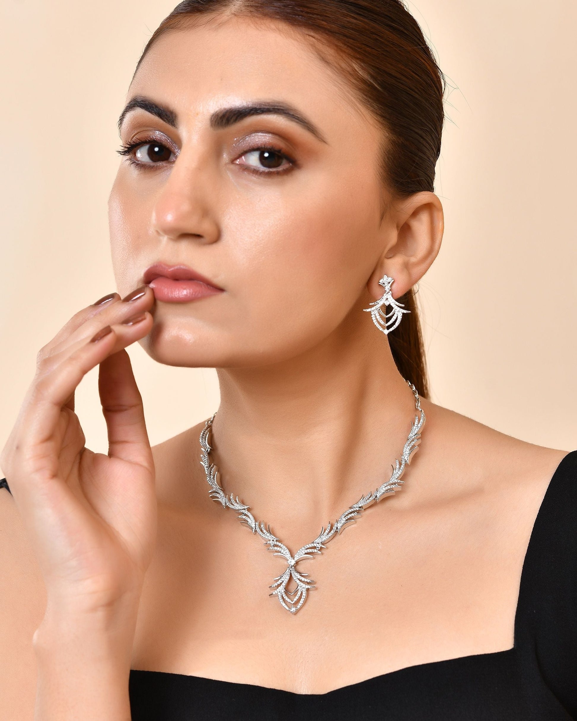 VOJ Silver Plated Cz Stone Studded Designer Elegant Necklace Set  Grab2Buy VOJ Grab2Buy