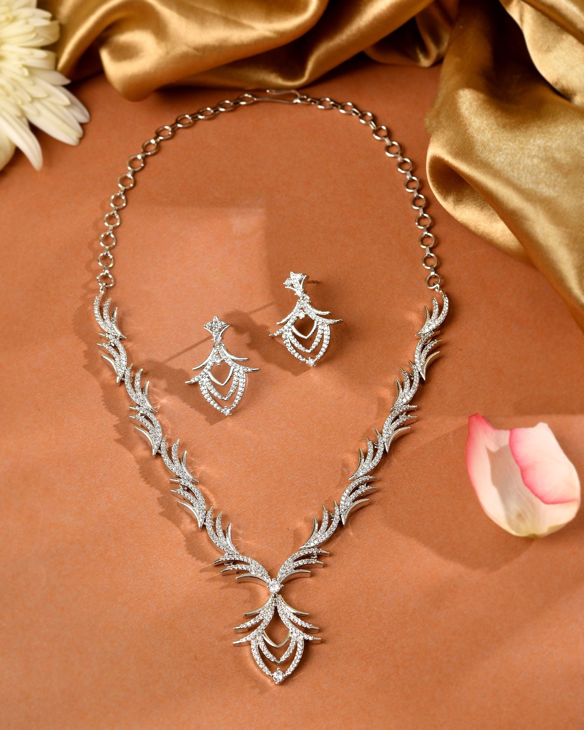 VOJ Silver Plated Cz Stone Studded Designer Elegant Necklace Set  Grab2Buy VOJ Grab2Buy