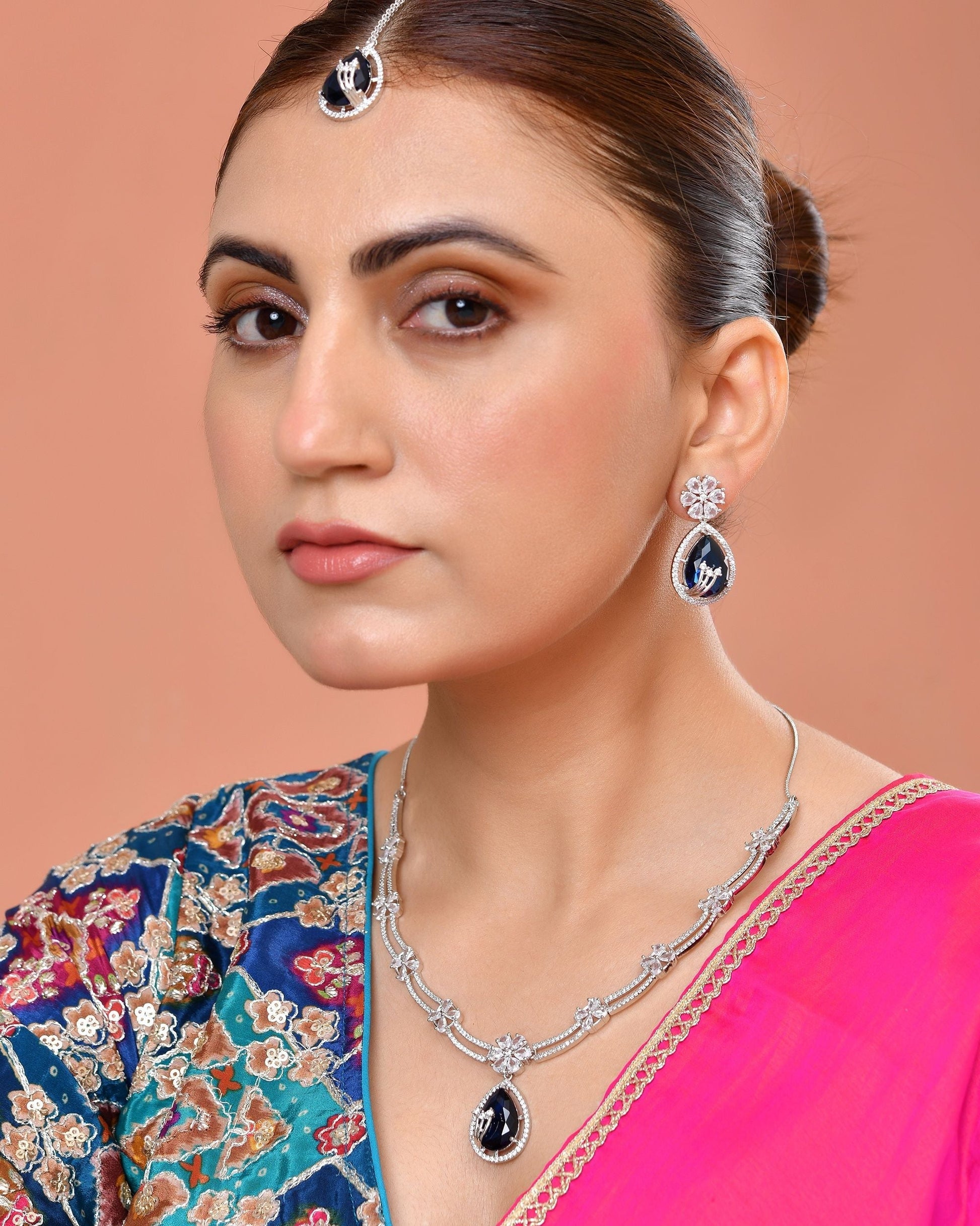 VOJ Silver Plated Blue Tear Drop Shaped Stone And Ad Stone Jewellery Set With Maang Tikka  Grab2Buy VOJ Grab2Buy