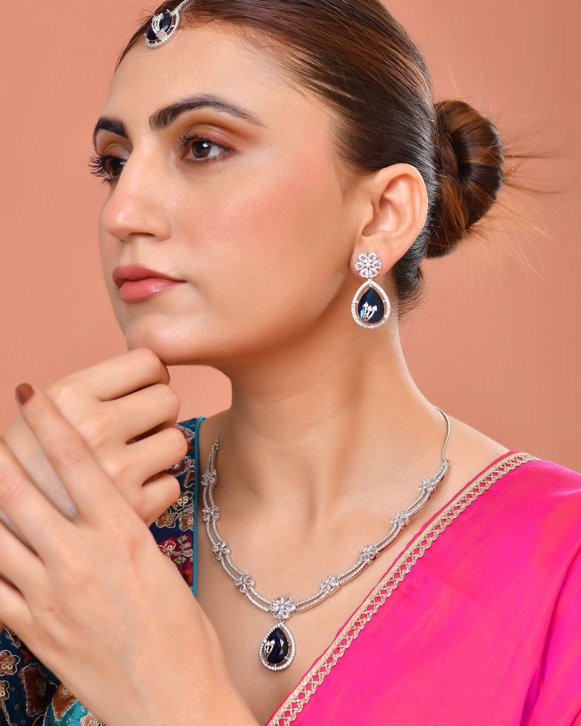 VOJ Silver Plated Blue Tear Drop Shaped Stone And Ad Stone Jewellery Set With Maang Tikka  Grab2Buy VOJ Grab2Buy
