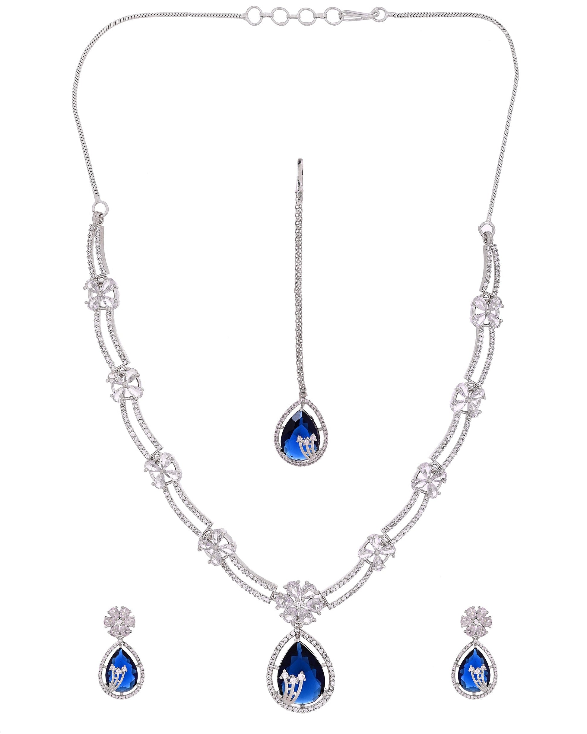 VOJ Silver Plated Blue Tear Drop Shaped Stone And Ad Stone Jewellery Set With Maang Tikka  Grab2Buy VOJ Grab2Buy