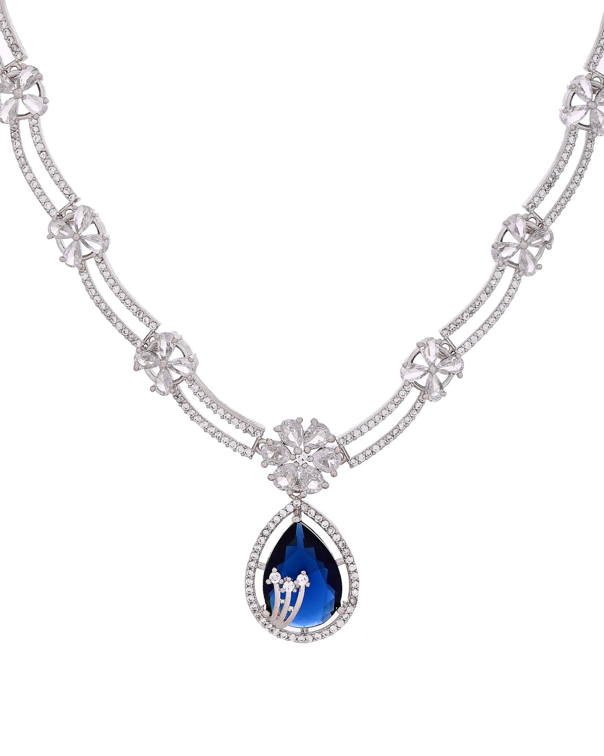 VOJ Silver Plated Blue Tear Drop Shaped Stone And Ad Stone Jewellery Set With Maang Tikka  Grab2Buy VOJ Grab2Buy
