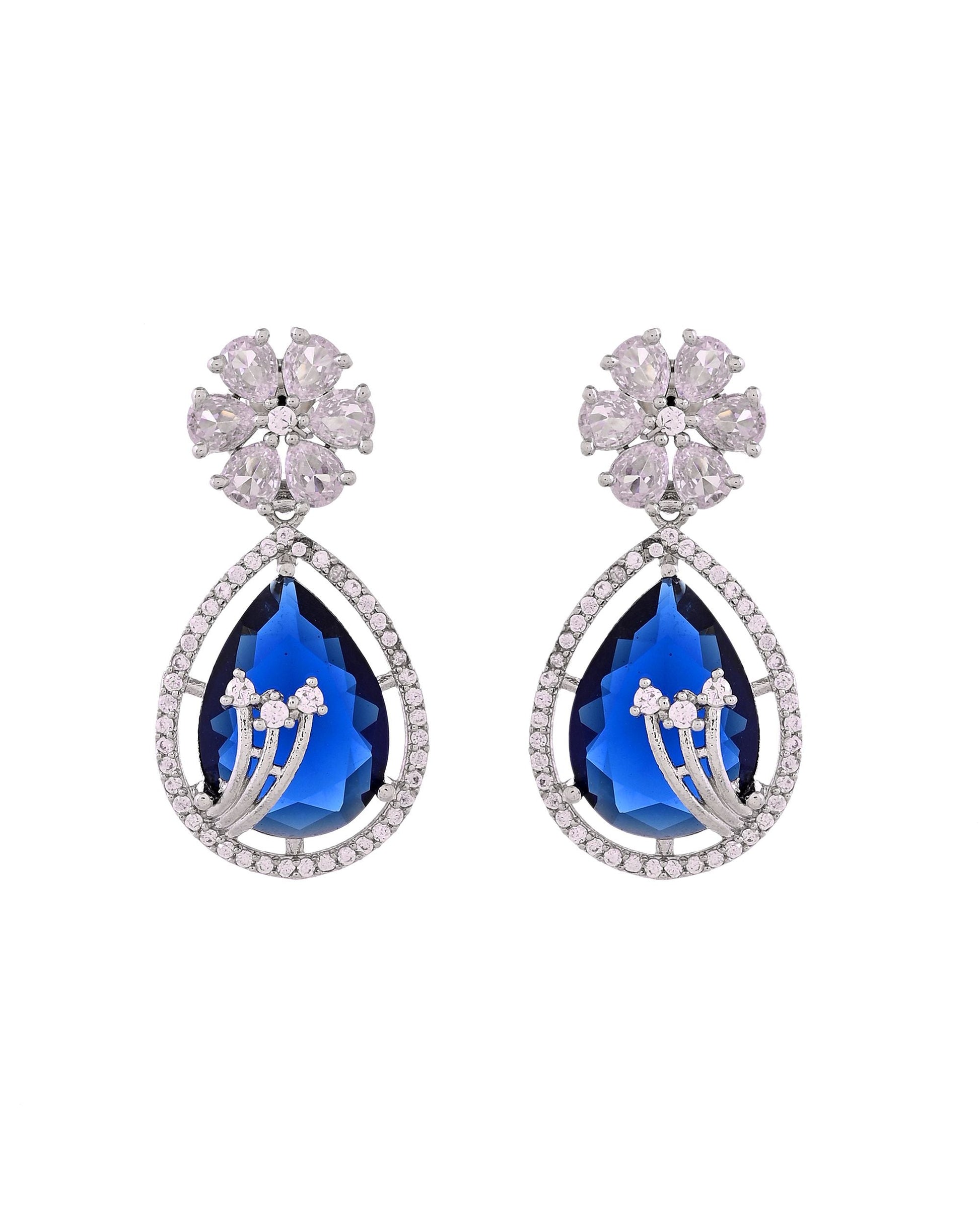 VOJ Silver Plated Blue Tear Drop Shaped Stone And Ad Stone Jewellery Set With Maang Tikka  Grab2Buy VOJ Grab2Buy