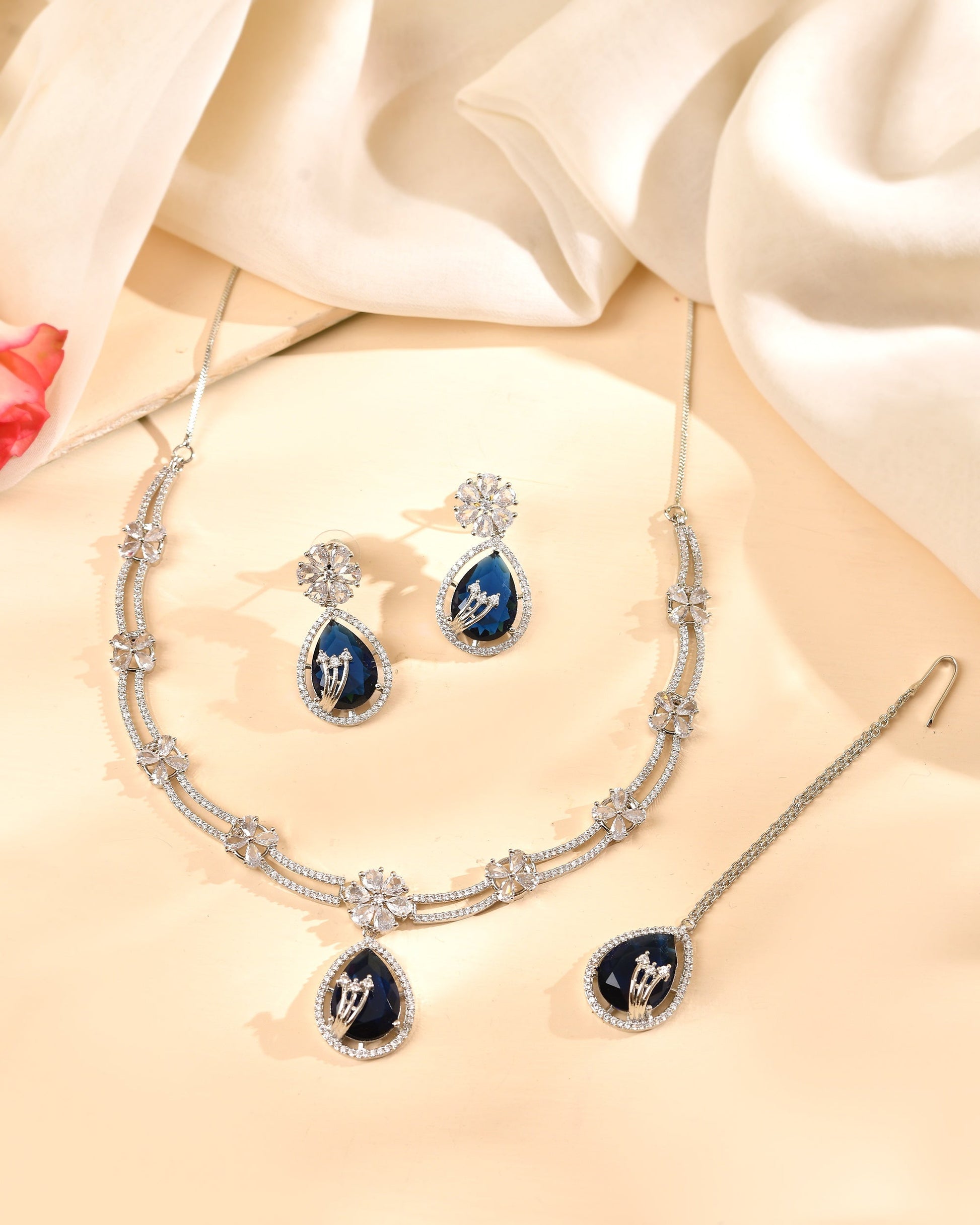 VOJ Silver Plated Blue Tear Drop Shaped Stone And Ad Stone Jewellery Set With Maang Tikka  Grab2Buy VOJ Grab2Buy