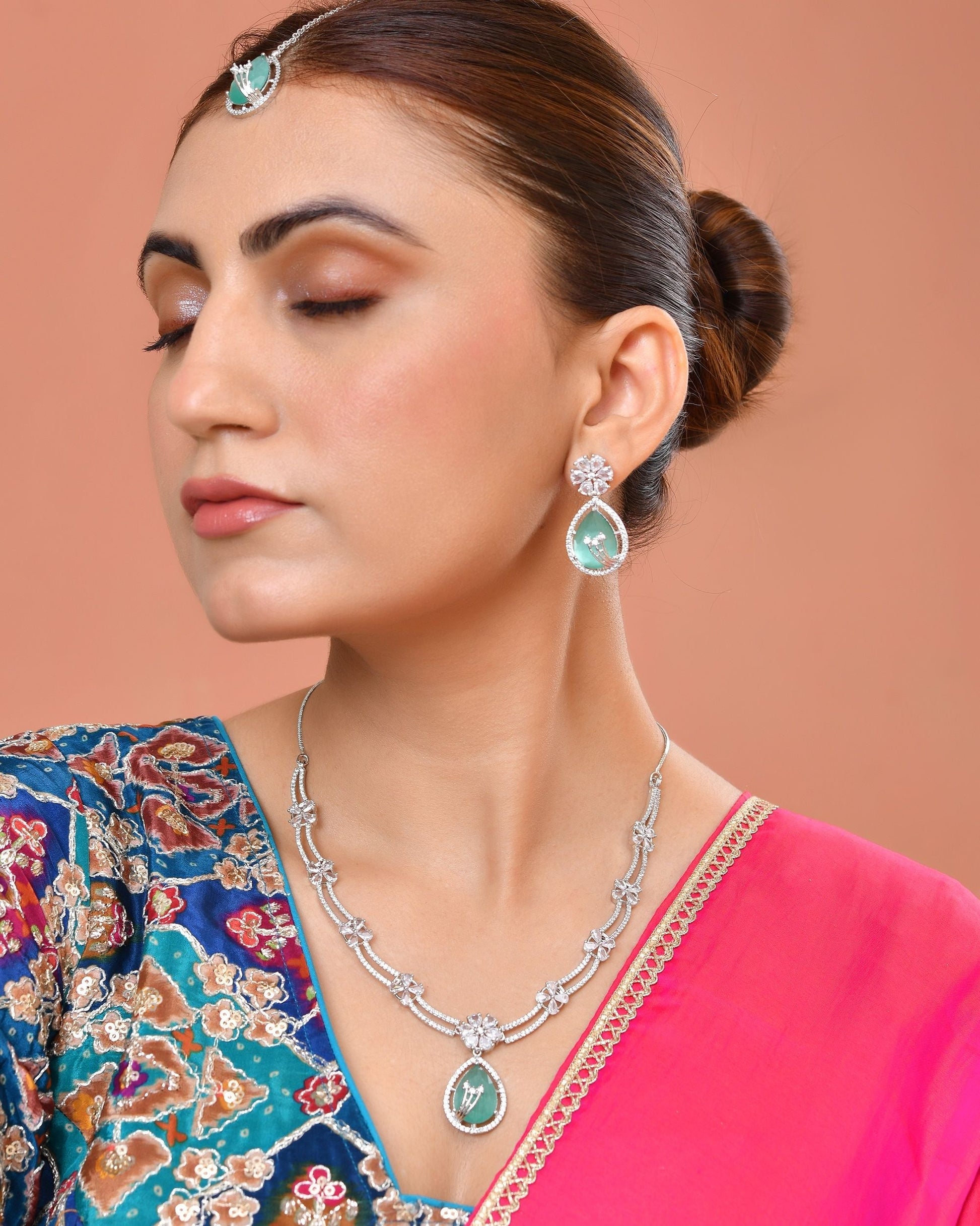 VOJ Silver Plated Teal Green Teardrop Shaped Stone And Ad Stone Jewellery Set With Maang Tikka  Grab2Buy VOJ Grab2Buy