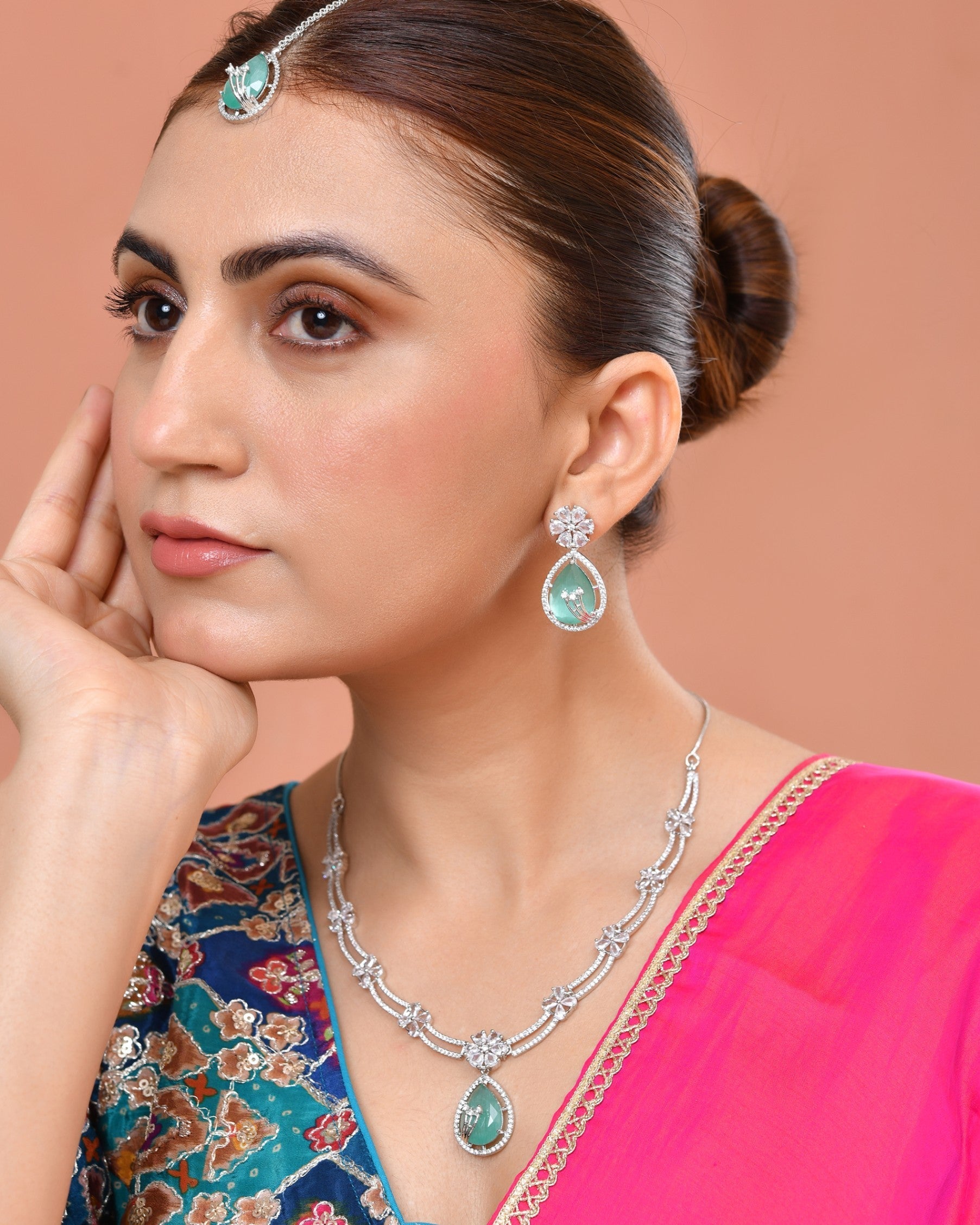 VOJ Silver Plated Teal Green Teardrop Shaped Stone And Ad Stone Jewellery Set With Maang Tikka  Grab2Buy VOJ Grab2Buy