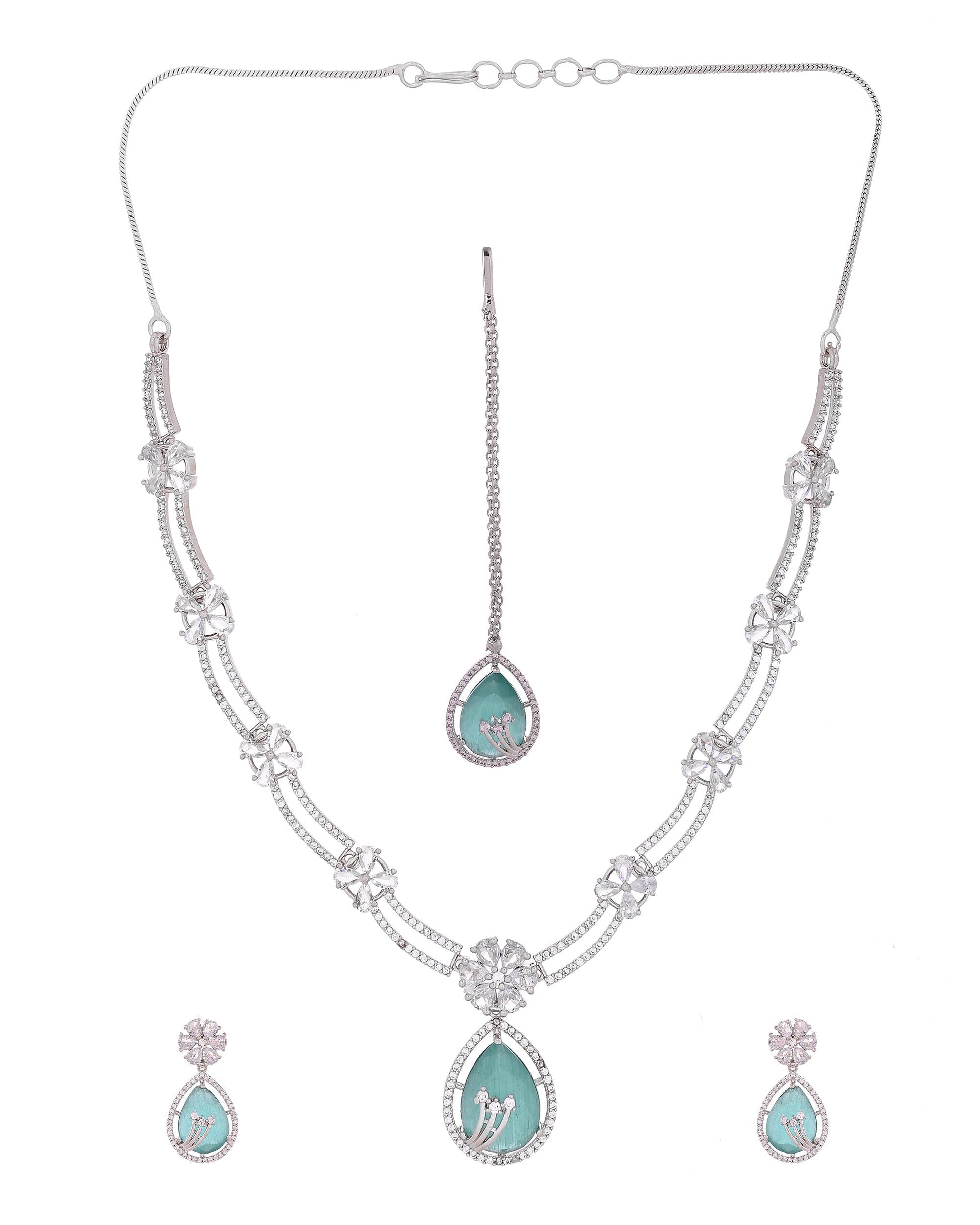 VOJ Silver Plated Teal Green Teardrop Shaped Stone And Ad Stone Jewellery Set With Maang Tikka  Grab2Buy VOJ Grab2Buy