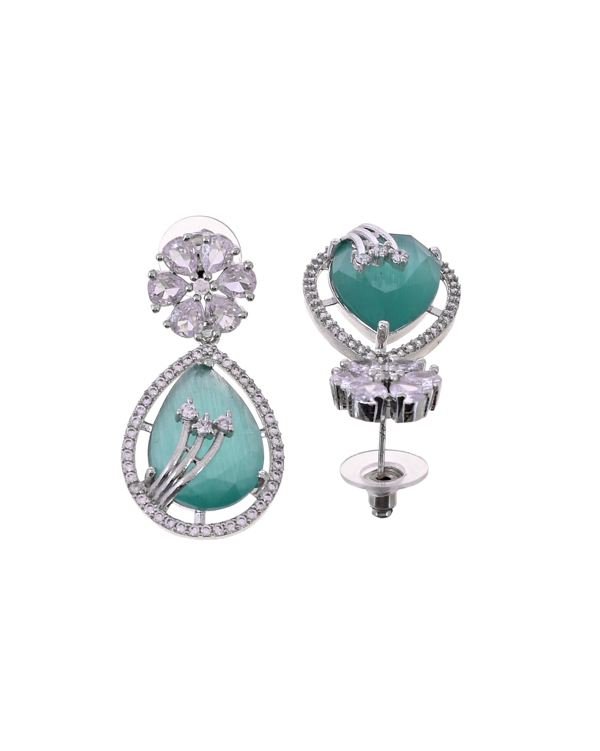 VOJ Silver Plated Teal Green Teardrop Shaped Stone And Ad Stone Jewellery Set With Maang Tikka  Grab2Buy VOJ Grab2Buy