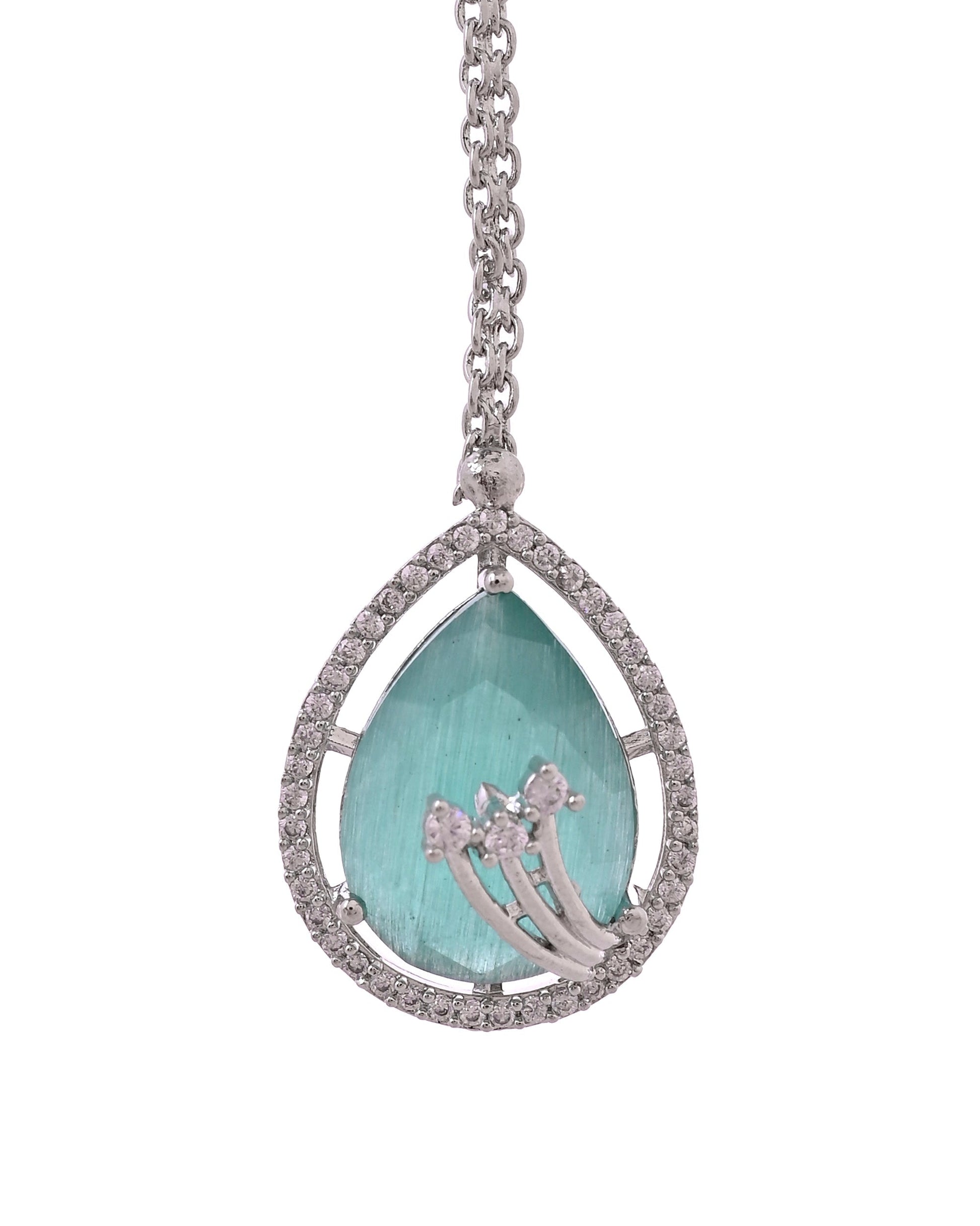 VOJ Silver Plated Teal Green Teardrop Shaped Stone And Ad Stone Jewellery Set With Maang Tikka  Grab2Buy VOJ Grab2Buy
