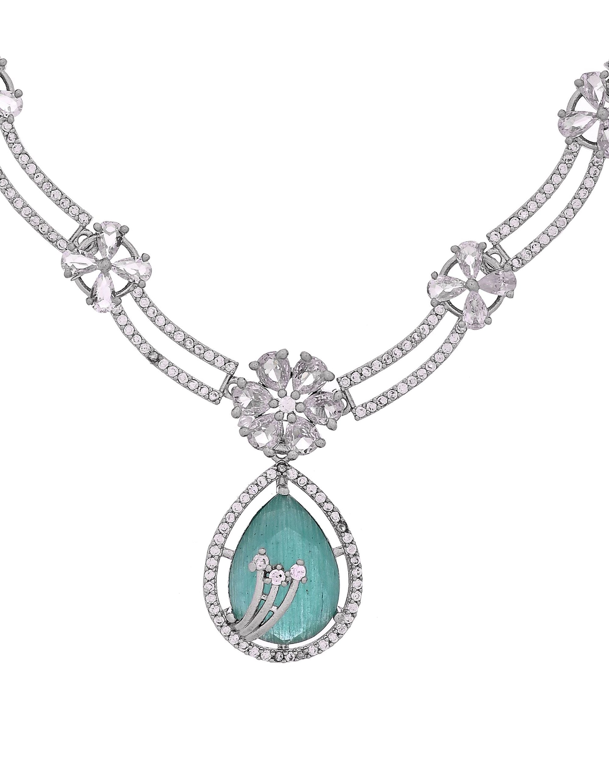 VOJ Silver Plated Teal Green Teardrop Shaped Stone And Ad Stone Jewellery Set With Maang Tikka  Grab2Buy VOJ Grab2Buy