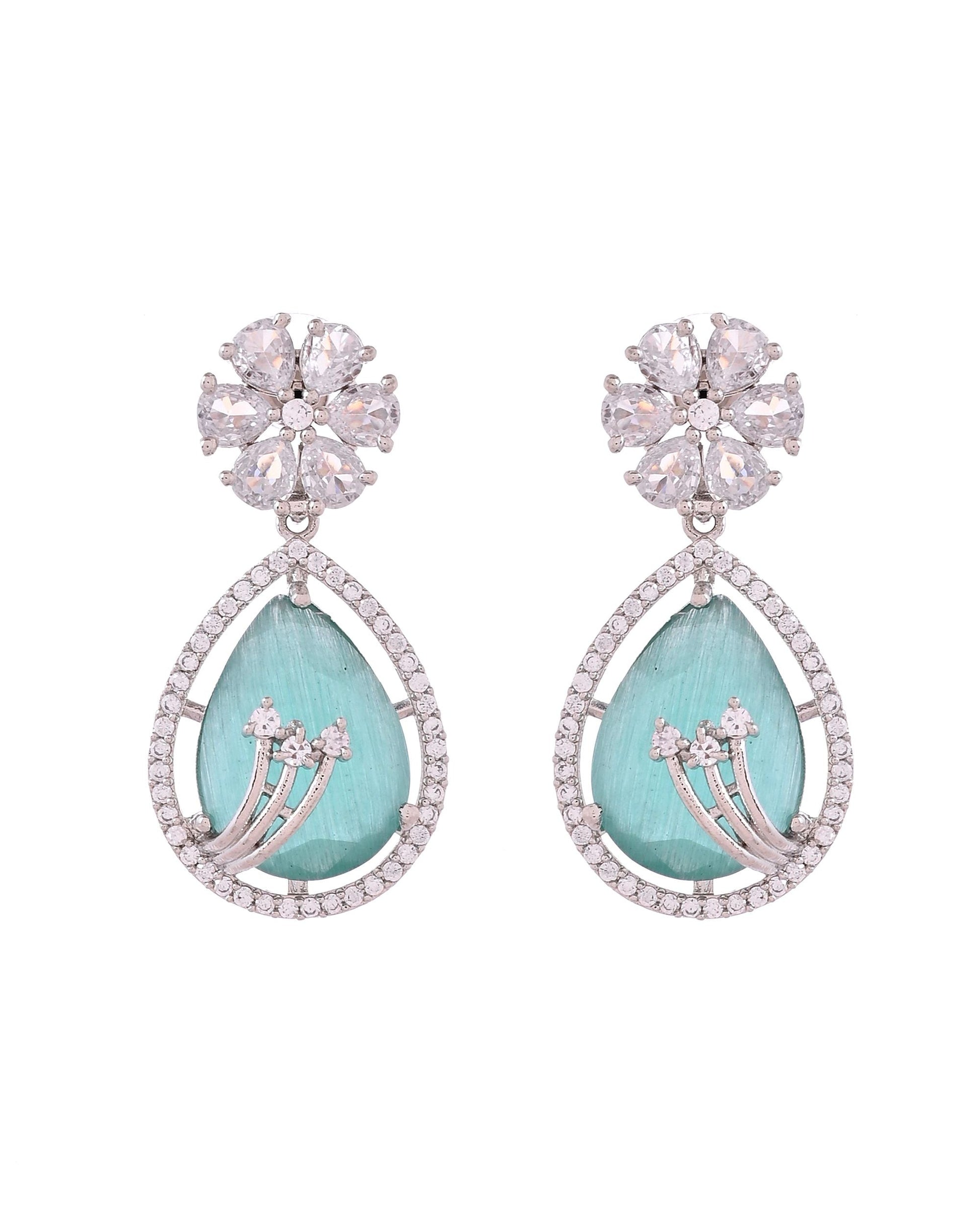 VOJ Silver Plated Teal Green Teardrop Shaped Stone And Ad Stone Jewellery Set With Maang Tikka  Grab2Buy VOJ Grab2Buy