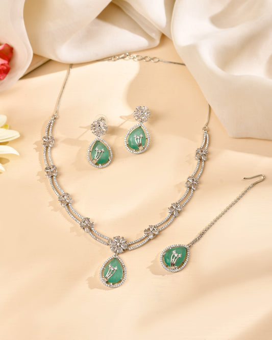 VOJ Silver Plated Teal Green Teardrop Shaped Stone And Ad Stone Jewellery Set With Maang Tikka  Grab2Buy VOJ Grab2Buy