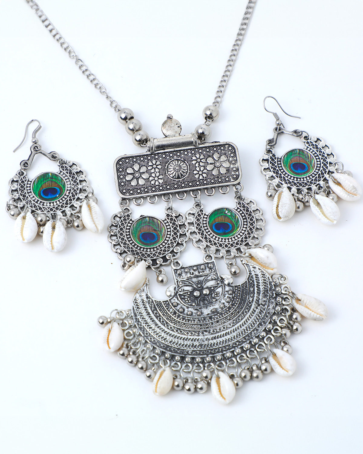 VOJ Oxidised Silver Plated Peacock Feather And Shell Jewellery Set - Grab2buy