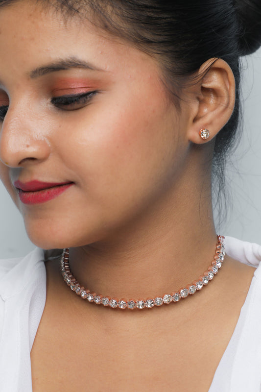 VOJ Gold-Polished Single Line Stone Studded Choker Jewellery Set - VOJ (Valley Of Jewellery)
