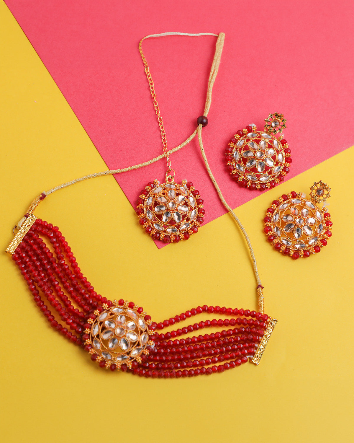 VOJ Gold Plated Red Beads Kundan Choker Jewellery Set With Mang Tikka - Grab2buy