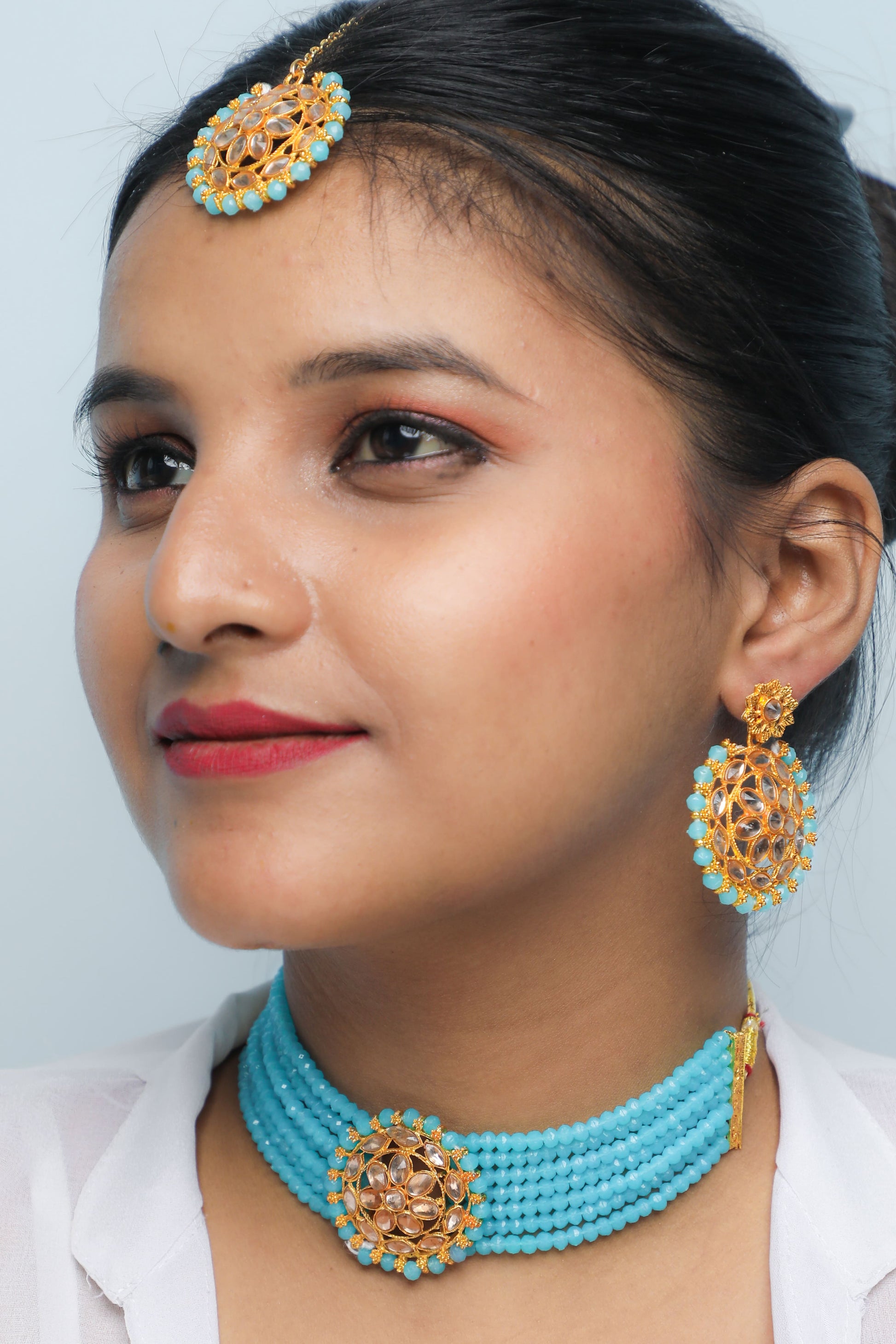 VOJ Gold Plated Blue Beads Kundan Choker Jewellery Set With Mang Tikka - Grab2buy