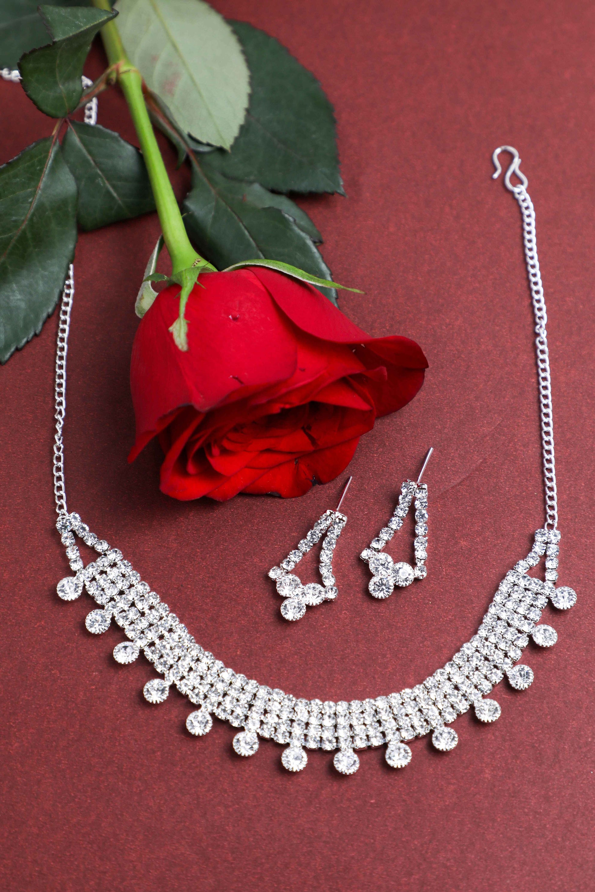 VOJ Silver Plated Stone Studded Choker Necklace And Earrings Set - Grab2buy