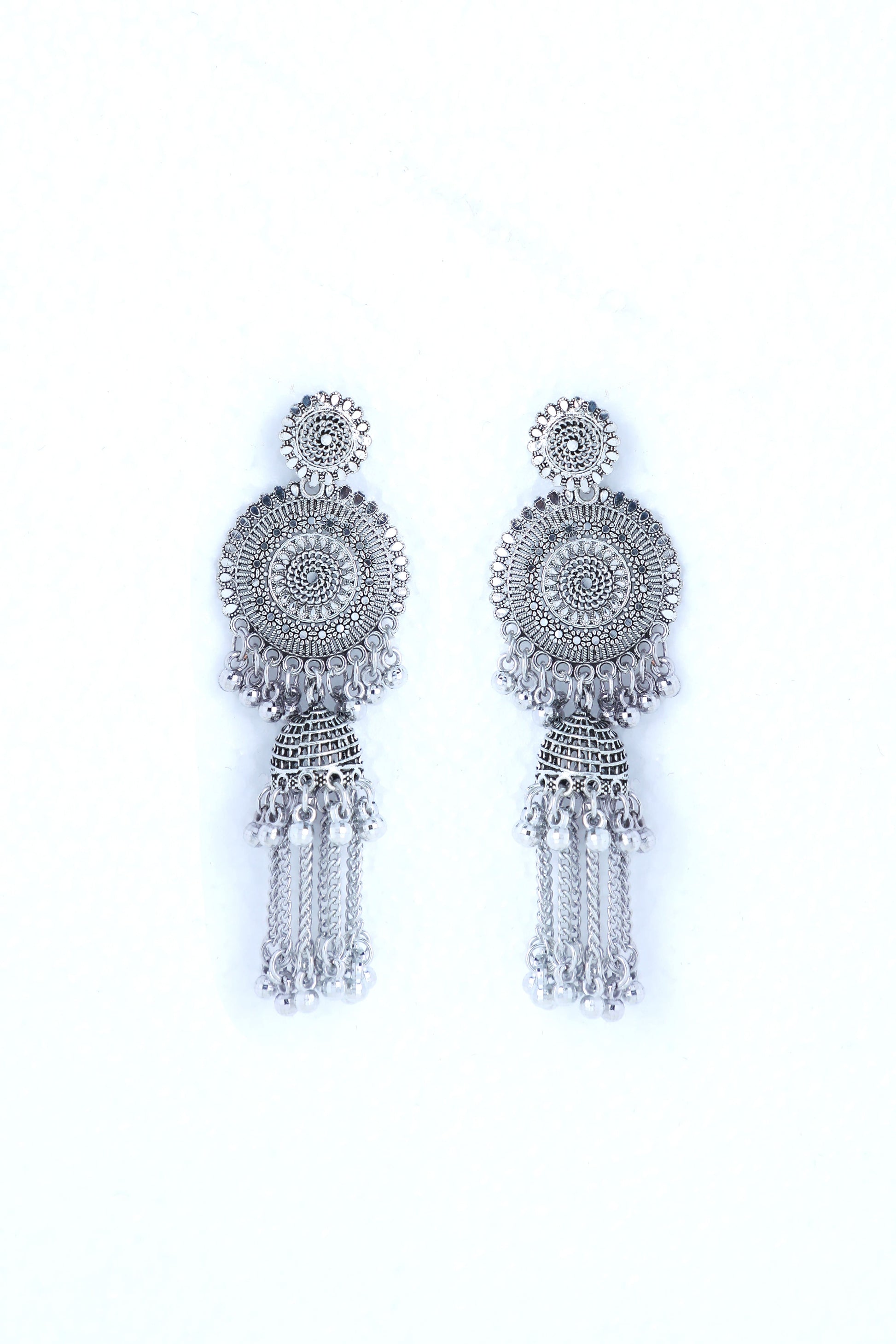 VOJ Silver Plated Oxidised Ghungharoo Studded Earrings - Grab2buy