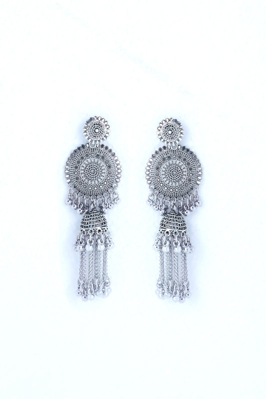 VOJ Silver Plated Oxidised Ghungharoo Studded Earrings - Grab2buy