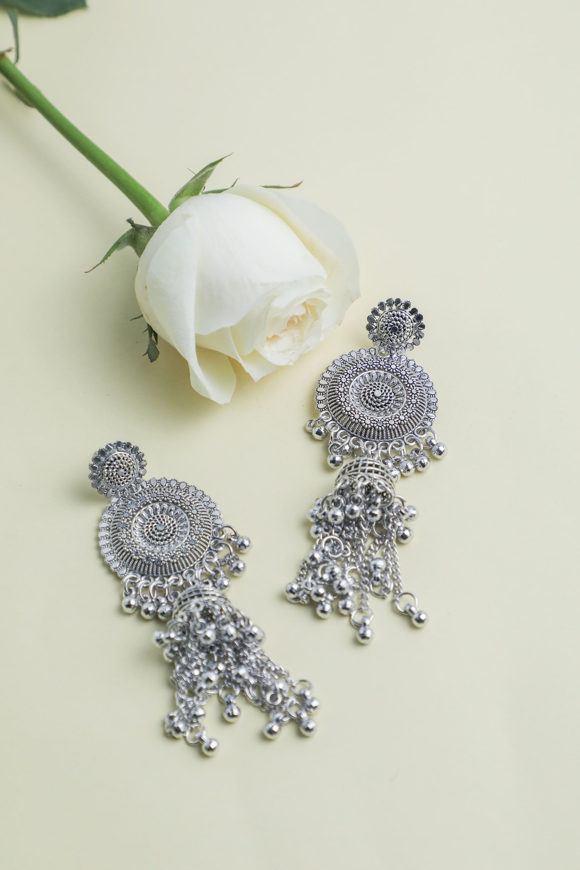VOJ Silver Plated Oxidised Ghungharoo Studded Earrings - Grab2buy