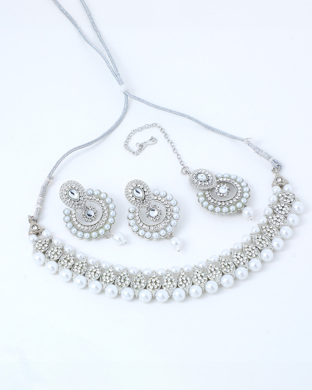 VOJ Silver Plated White Beads And Stone Studded Choker Jewellery Set With Mang Tikka - Grab2buy