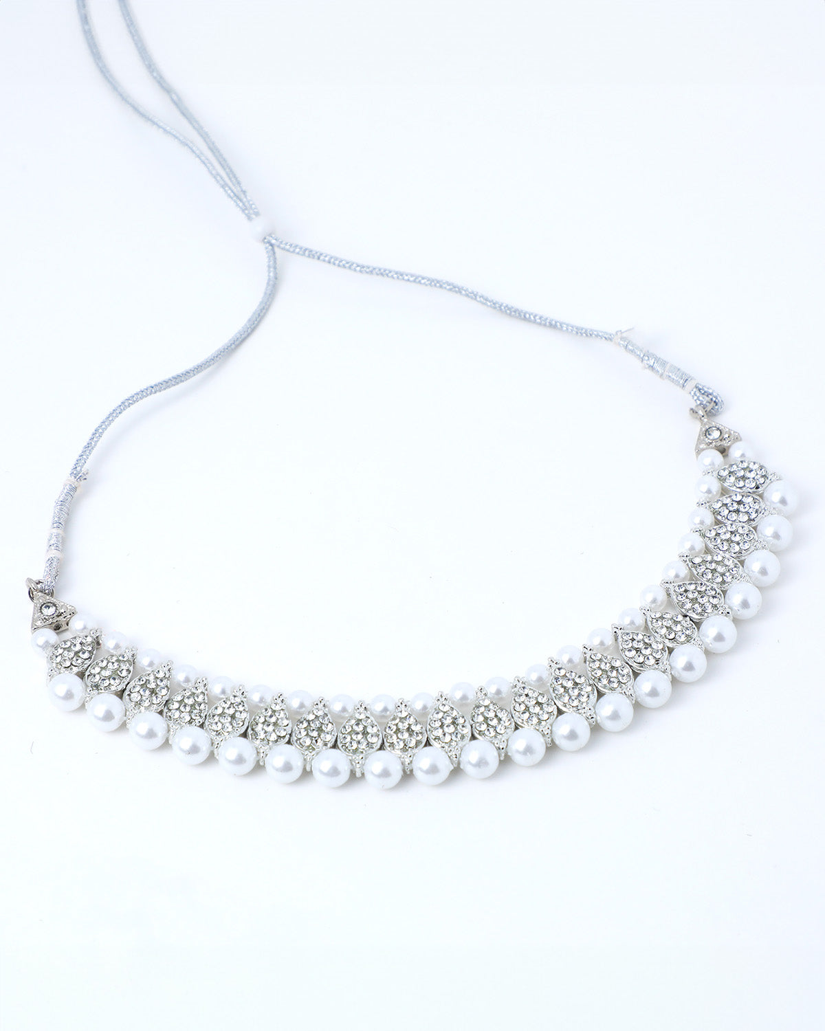 VOJ Silver Plated White Beads And Stone Studded Choker Jewellery Set With Mang Tikka - Grab2buy