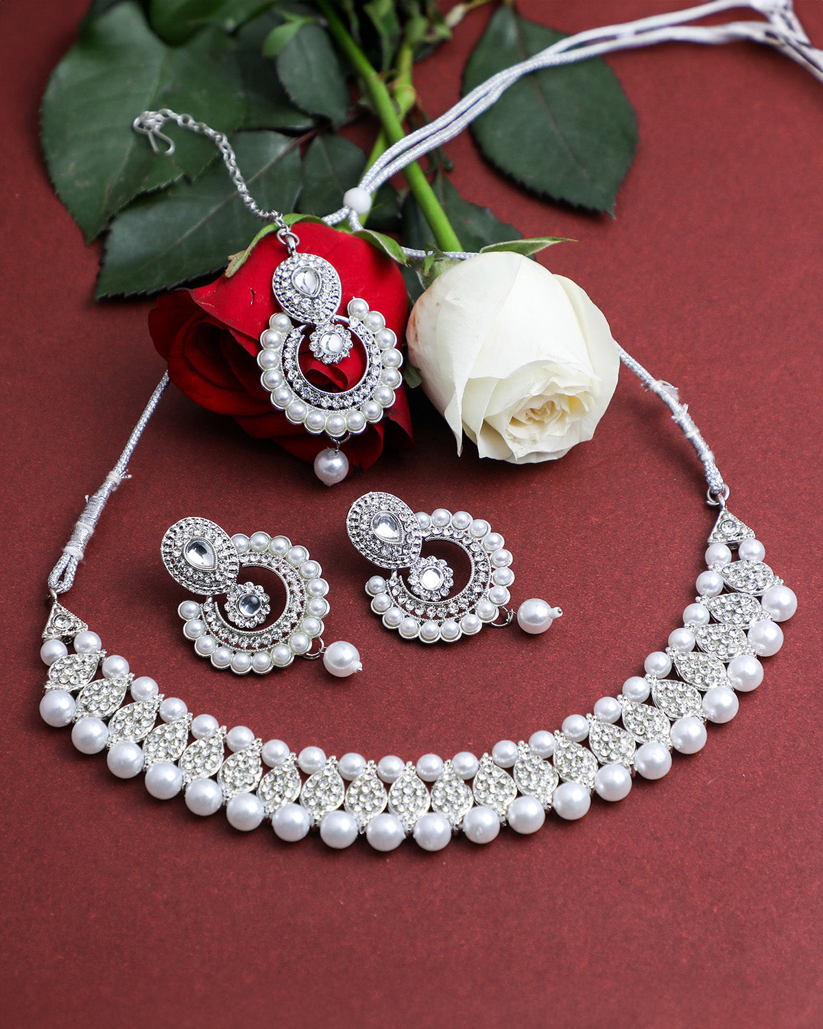 VOJ Silver Plated White Beads And Stone Studded Choker Jewellery Set With Mang Tikka - Grab2buy