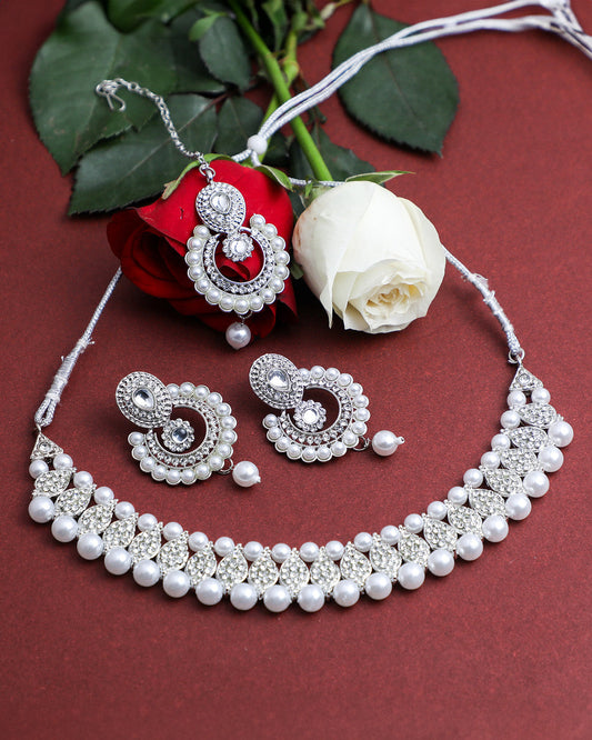 VOJ Silver Plated White Beads And Stone Studded Choker Jewellery Set With Mang Tikka - Grab2buy
