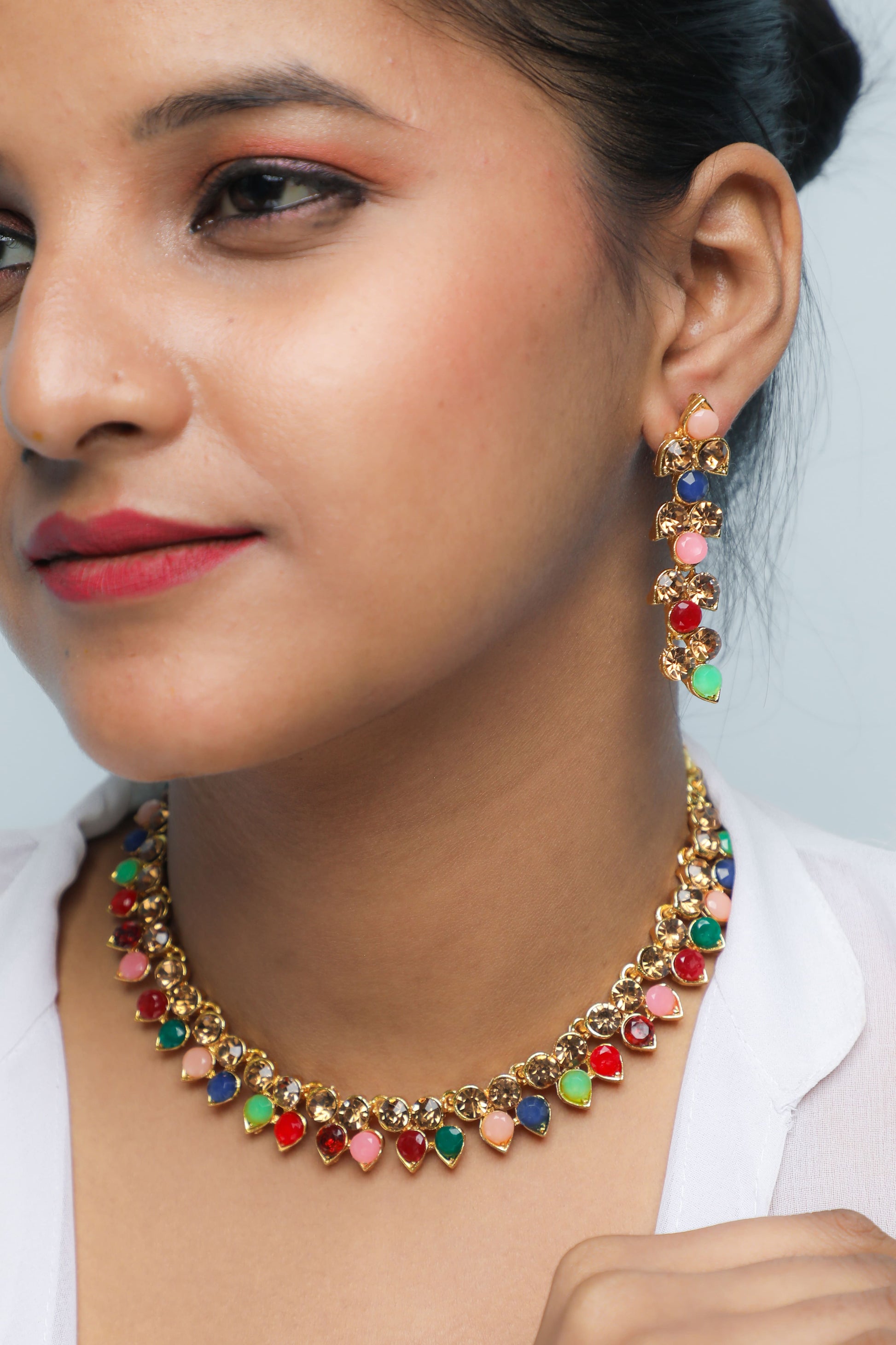 VOJ Gold Plated Multi Colored Stone Studded Choker Necklace And Earring Set - Grab2buy