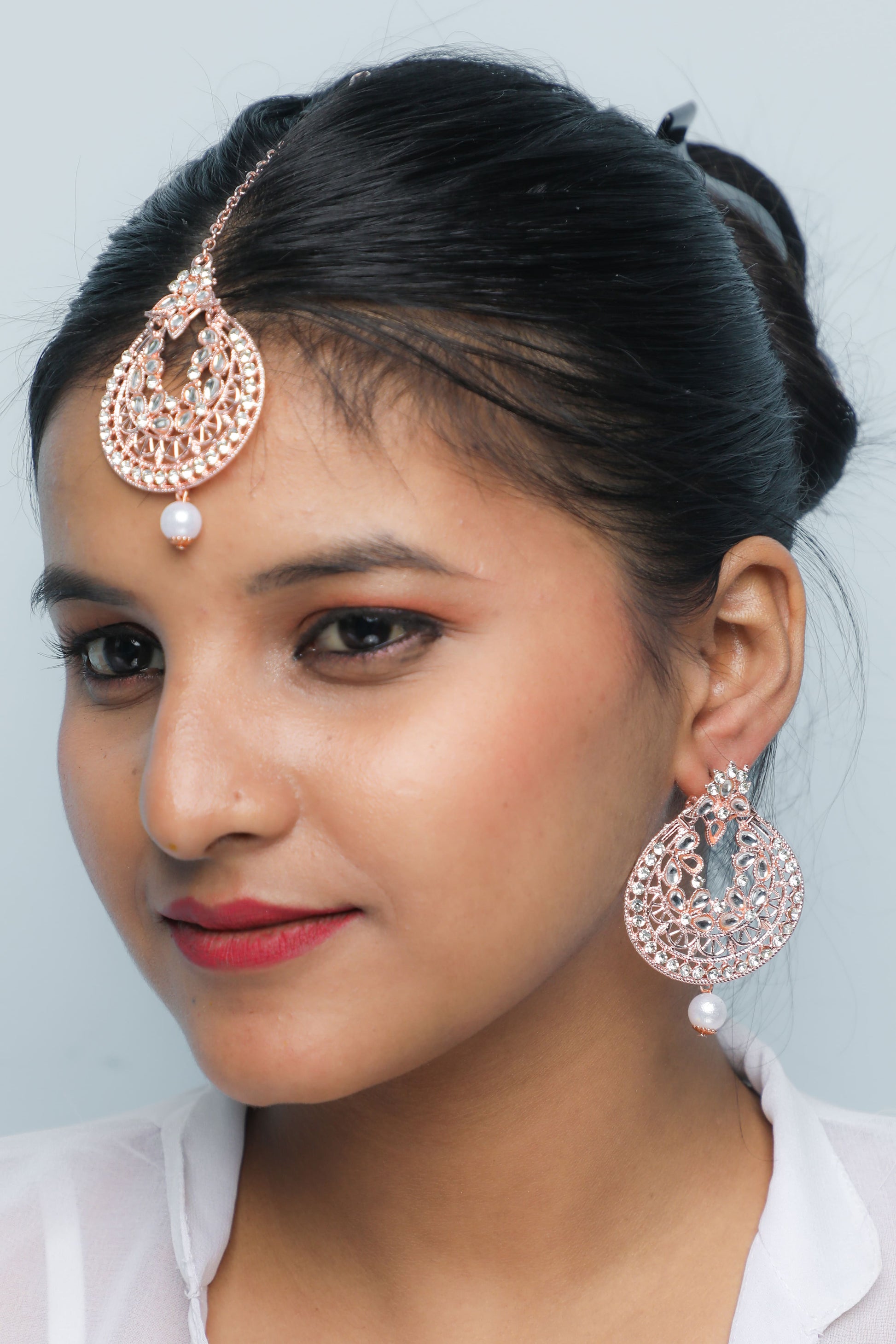 VOJ Gold Plated With White Pearl And Stone Studded Earring With Mang Tikka Set - Grab2buy