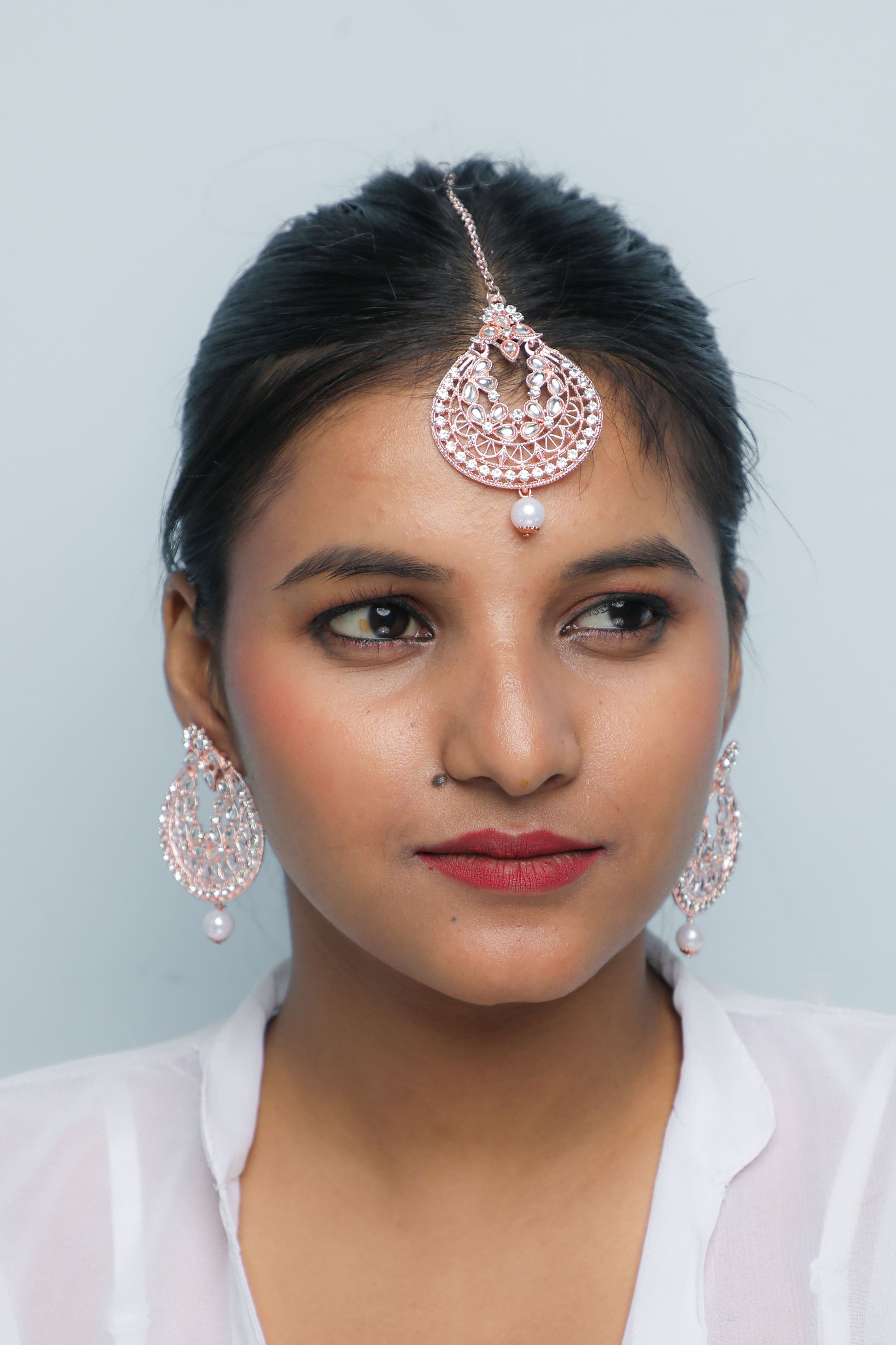 VOJ Gold Plated With White Pearl And Stone Studded Earring With Mang Tikka Set - Grab2buy