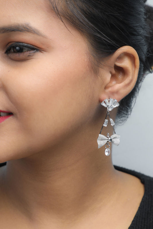 VOJ Silver Plated Stone Studded With Bow Triangle Shaped Earrings - Grab2buy