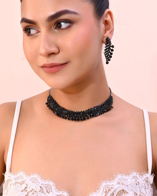 VOJ Black American Diamond Chokar Jewellery Set With Earrings VOJ (Valley Of Jewellery)