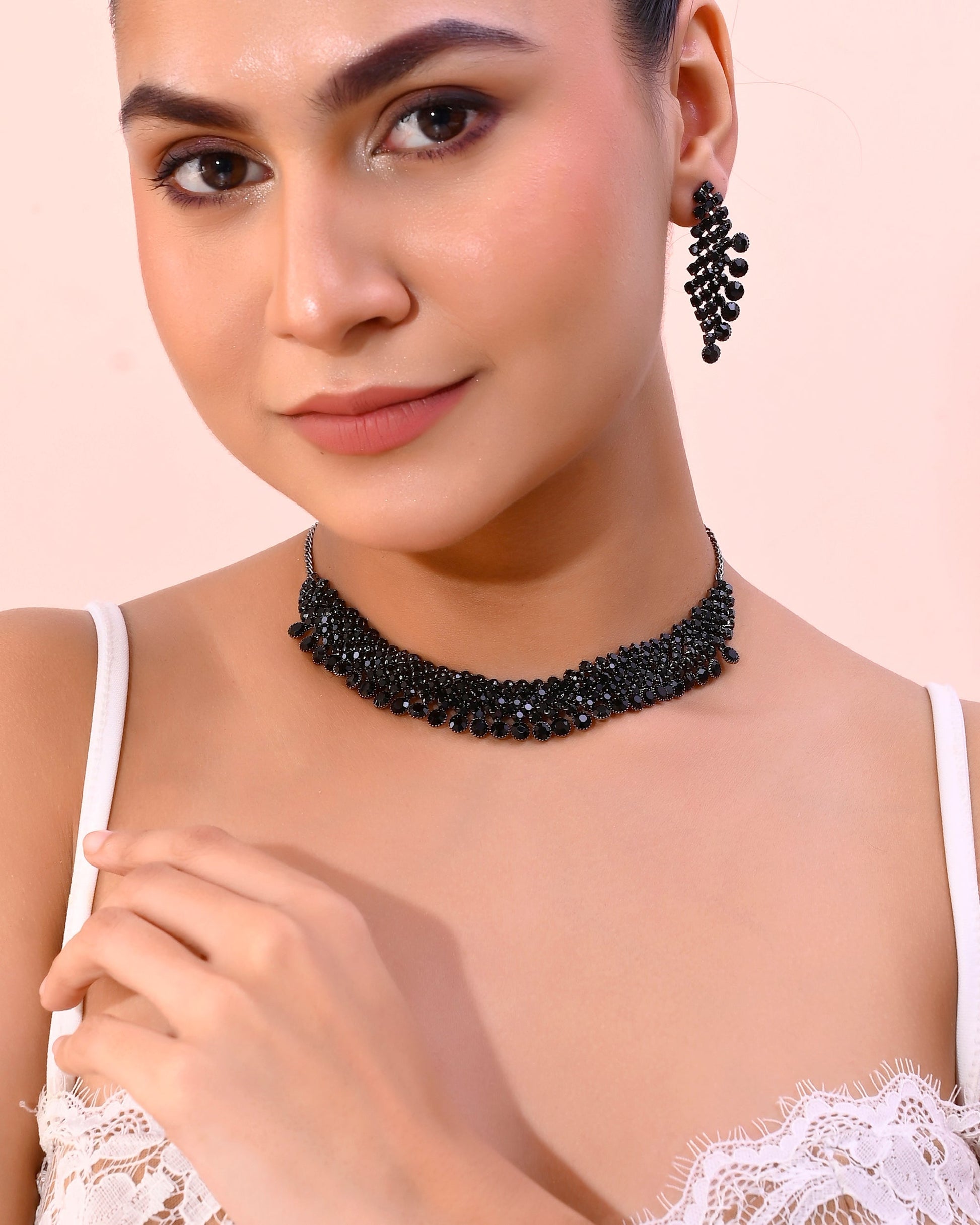 VOJ Black American Diamond Chokar Jewellery Set With Earrings VOJ (Valley Of Jewellery)