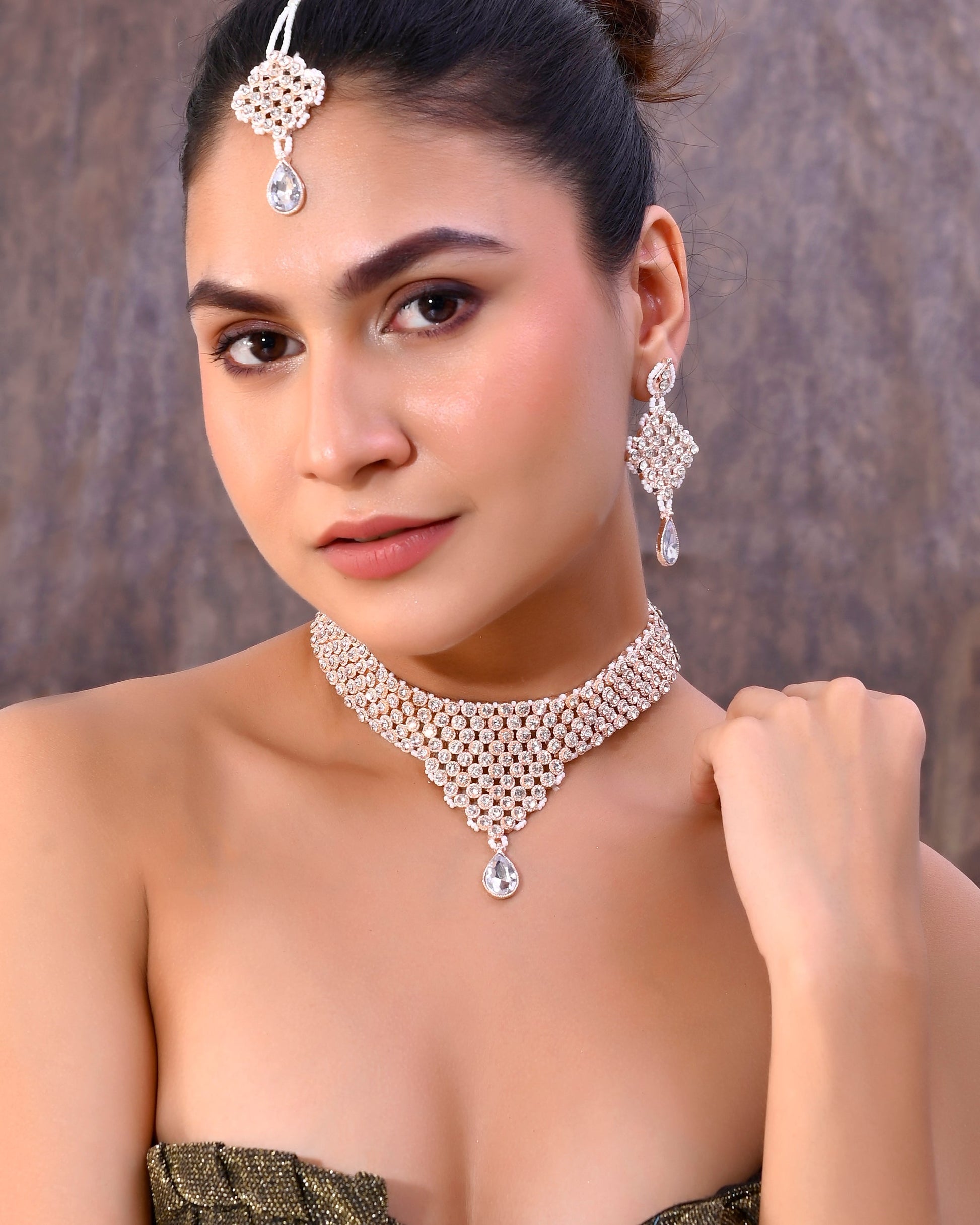 VOJ Silver Plated Party Wear AD Choker Necklace Jewellery Set VOJ (Valley Of Jewellery)